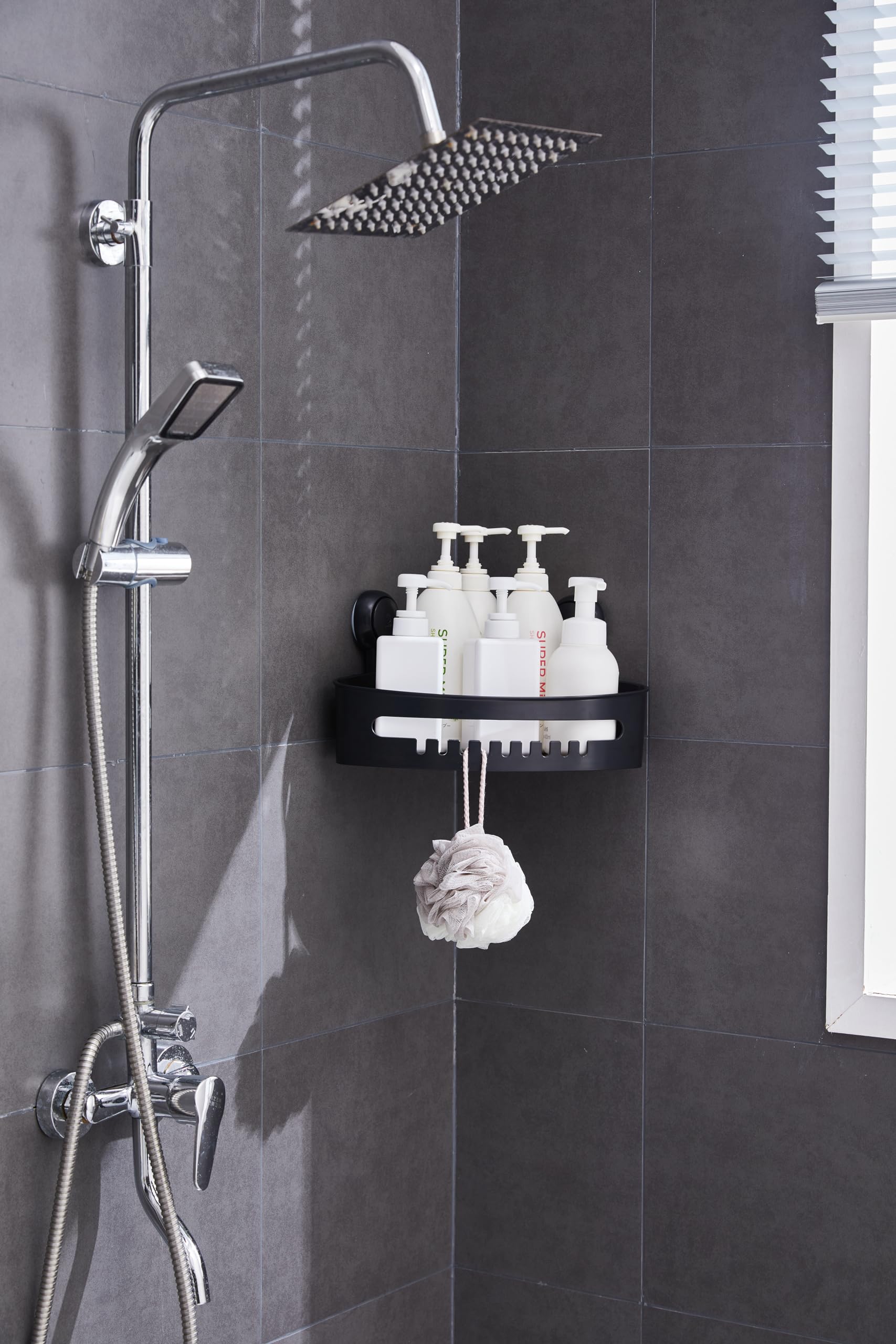 Zuvo Shower Caddy with Suction Cups – No Drill Bathroom Shelf for Shampoo and Toiletries, Rustproof Plastic Shower Organiser (Black, Triangle)