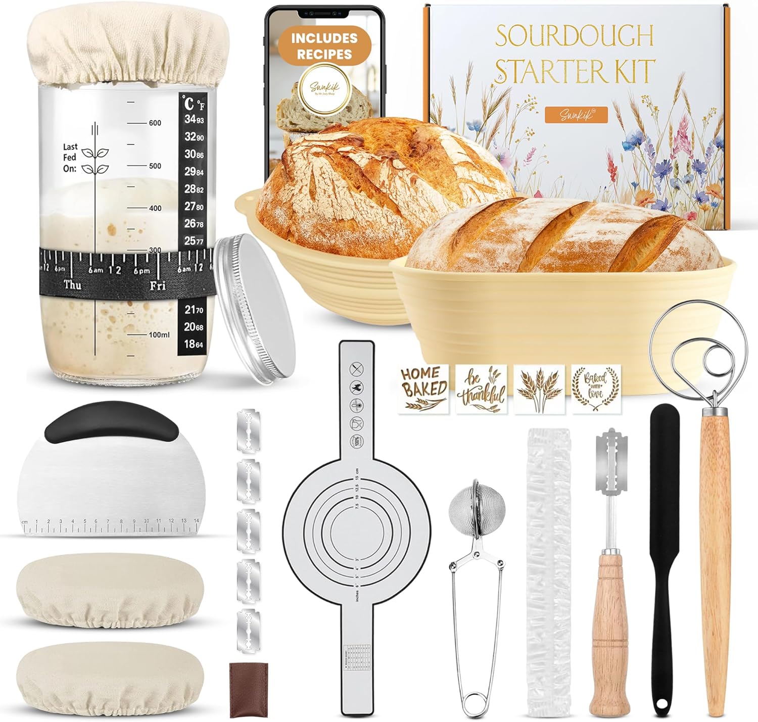 Complete Sourdough Starter Kit, Sourdough bread baking supplies, Great Gift Beginners Bread Makers 24oz Fermentation Jar 9" and 10" Silicone Banneton Bread Proofing Basket, sour dough Whisk,18 in 1