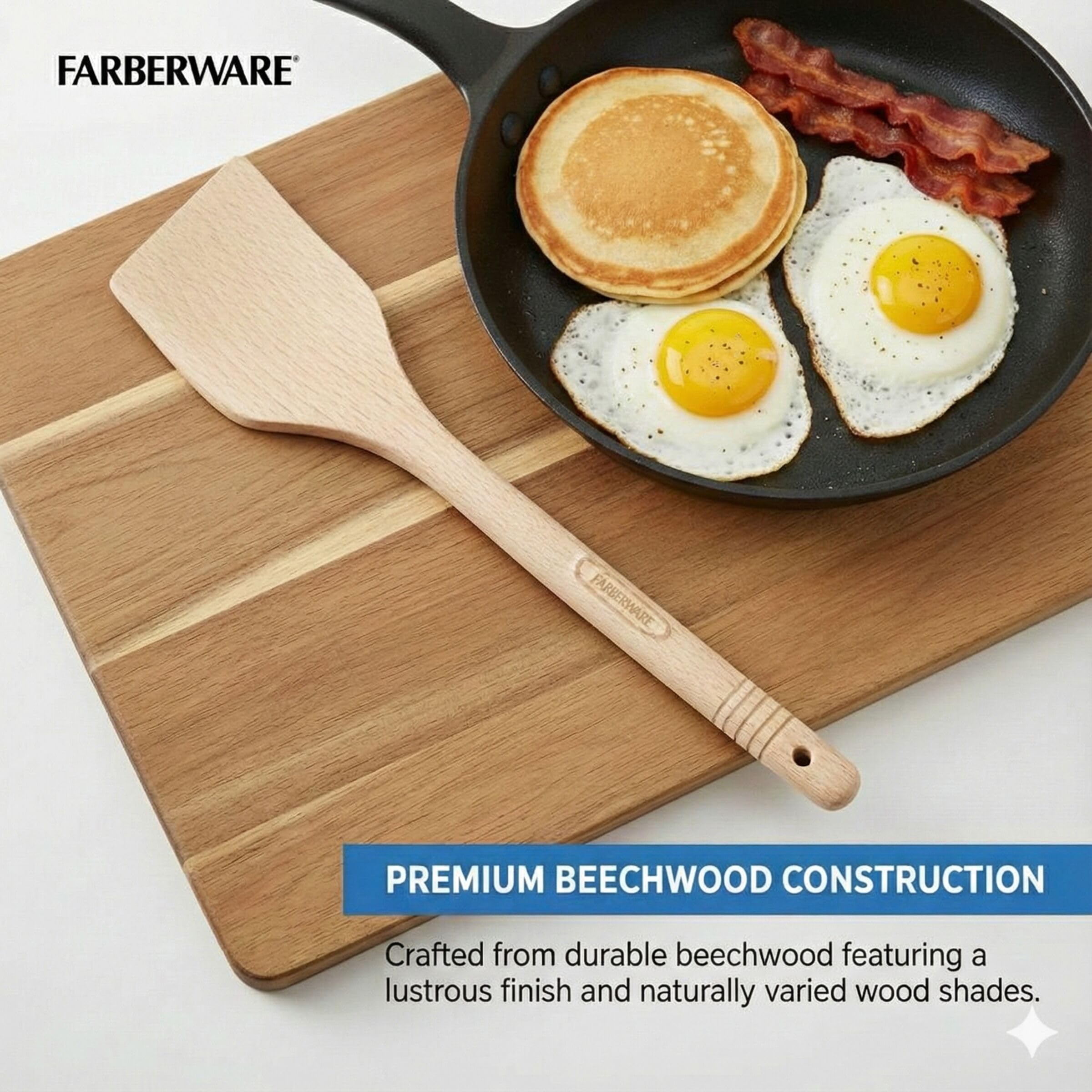 Farberware Beechwood Turner Spatula - Durable Wood Kitchen Utensil with Thin Tapered Edge, Safe for Nonstick Cookware, Perfect for Flipping Pancakes, Eggs, and More