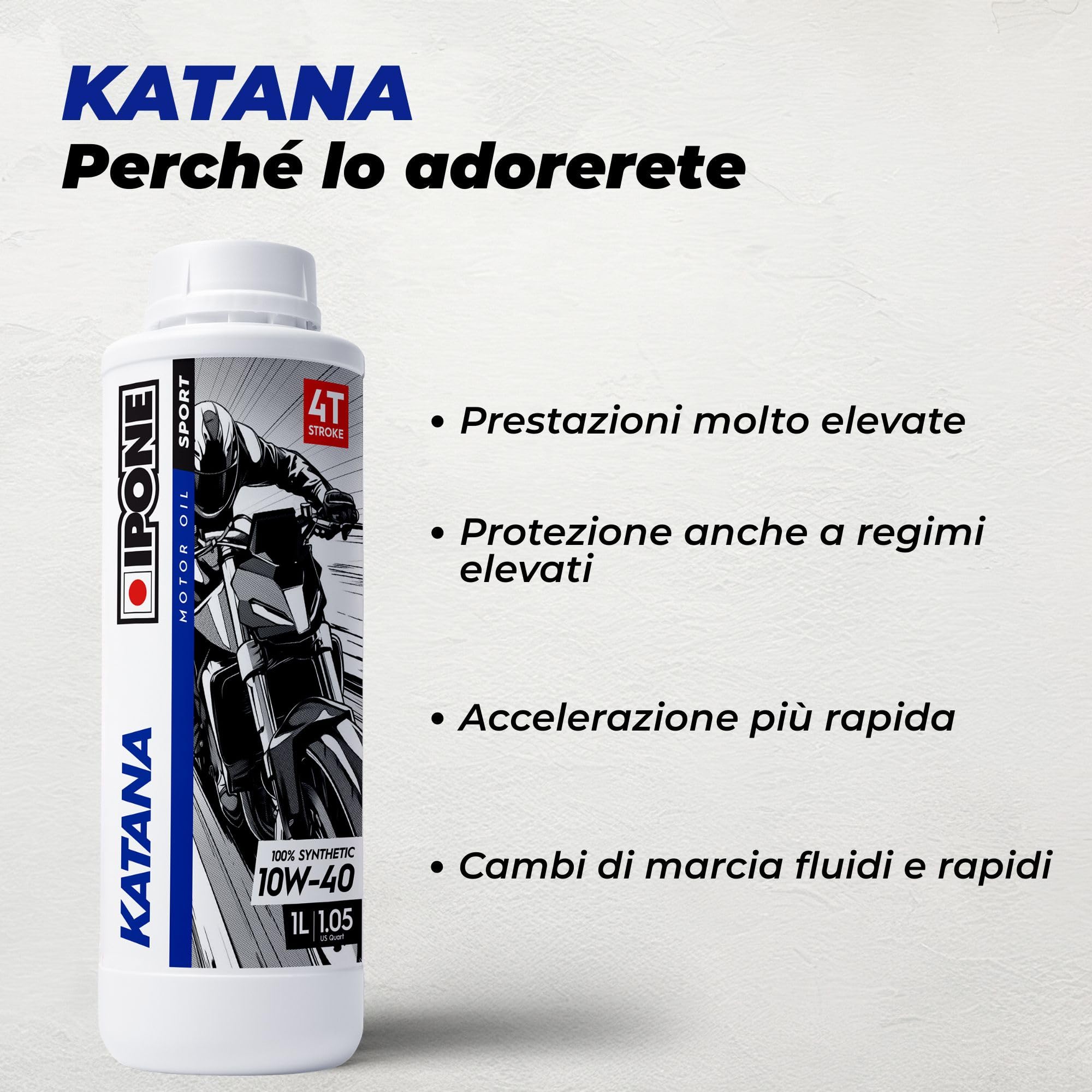 IPONE - Olio Motore 4 Tempi Katana 10W40 Full Power Katana - Tanica da 4 Litri - 100% Lubrificante con Esteri Sintetici - Alte Prestazioni - Cambio più fluido