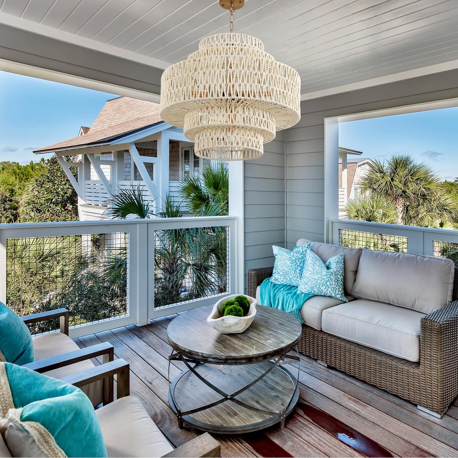 23.62in White Rattan Large Chandeliers Light, 6-Light Hand-Woven 5-Tiers Rattan Pendant Light Fixtures for Dining Room Living Room Bedroom Kitchen Island Sunroom Foyer Restaurant