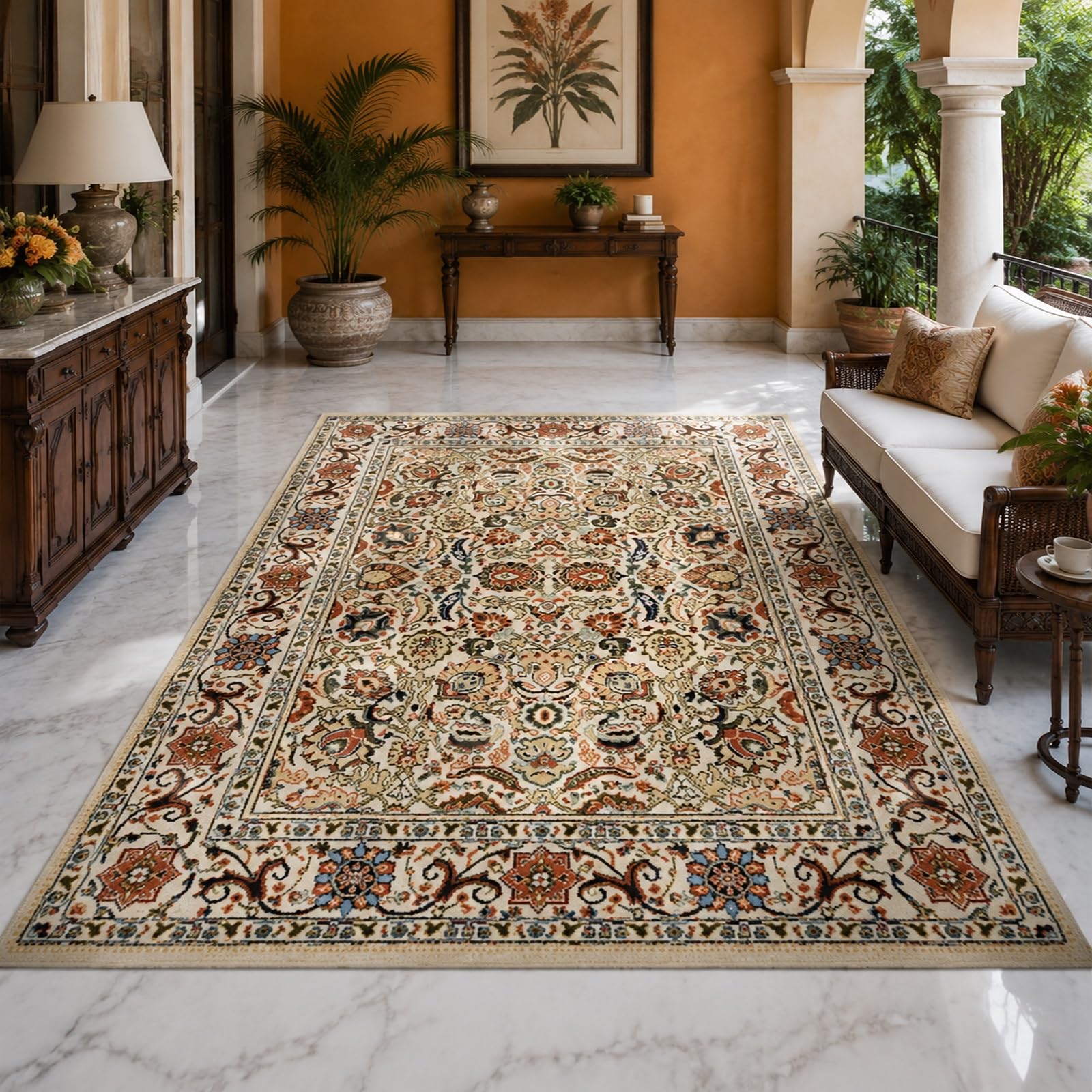 Tapis motif floral oriental beige et rouge pour salon 150x200 cm