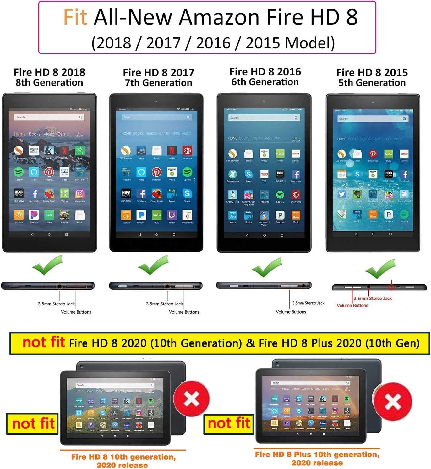 UUcover 8" Kindle Fire HD 8 Wallet Case 8th/7th/6th/5th Gen, Stand PU Leather [Auto Sleep/Wake] Folio Cover with Card Pencil Holder for Amazon Fire HD 8 Tablet 2018/2017/2016/2015,Gold Blue Butterfly