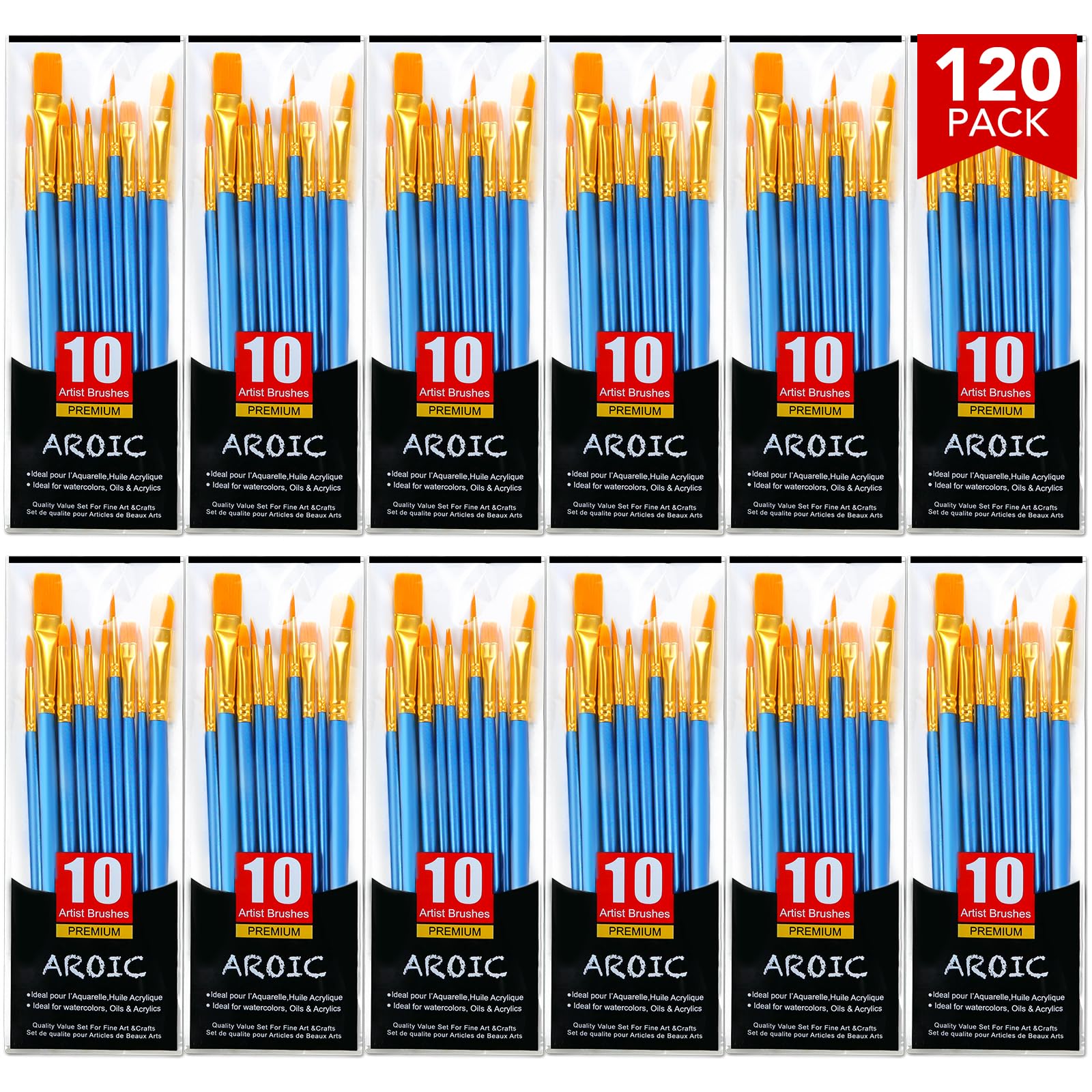AROIC Set di pennelli acrilici, 12 pezzi/120 pennelli in lana di nylon, per pittura a olio, pittura su roccia, pennelli per artisti amatoriali, set di pennelli piccoli per pittura per bambini e