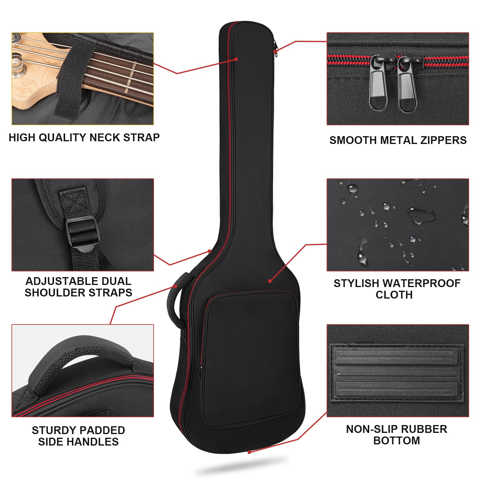 Sac à dos pour guitare basse avec rembourrage de 10 mm - Étanche - Avec sangle de protection du cou et bandoulière réglable - Noir, Noir , Bass Guitar Bag-Red Zipper
