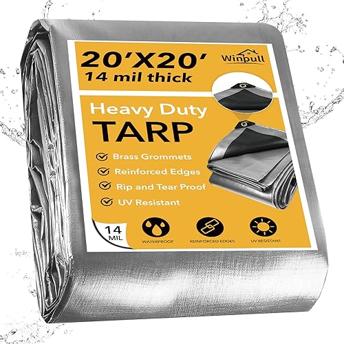 Miniatura 41 de Lona impermeable resistente de 10 x 20 pies, 14 mil, cubierta multiusos grande con ojales de latón y bordes reforzados, lonas de polietileno gruesas