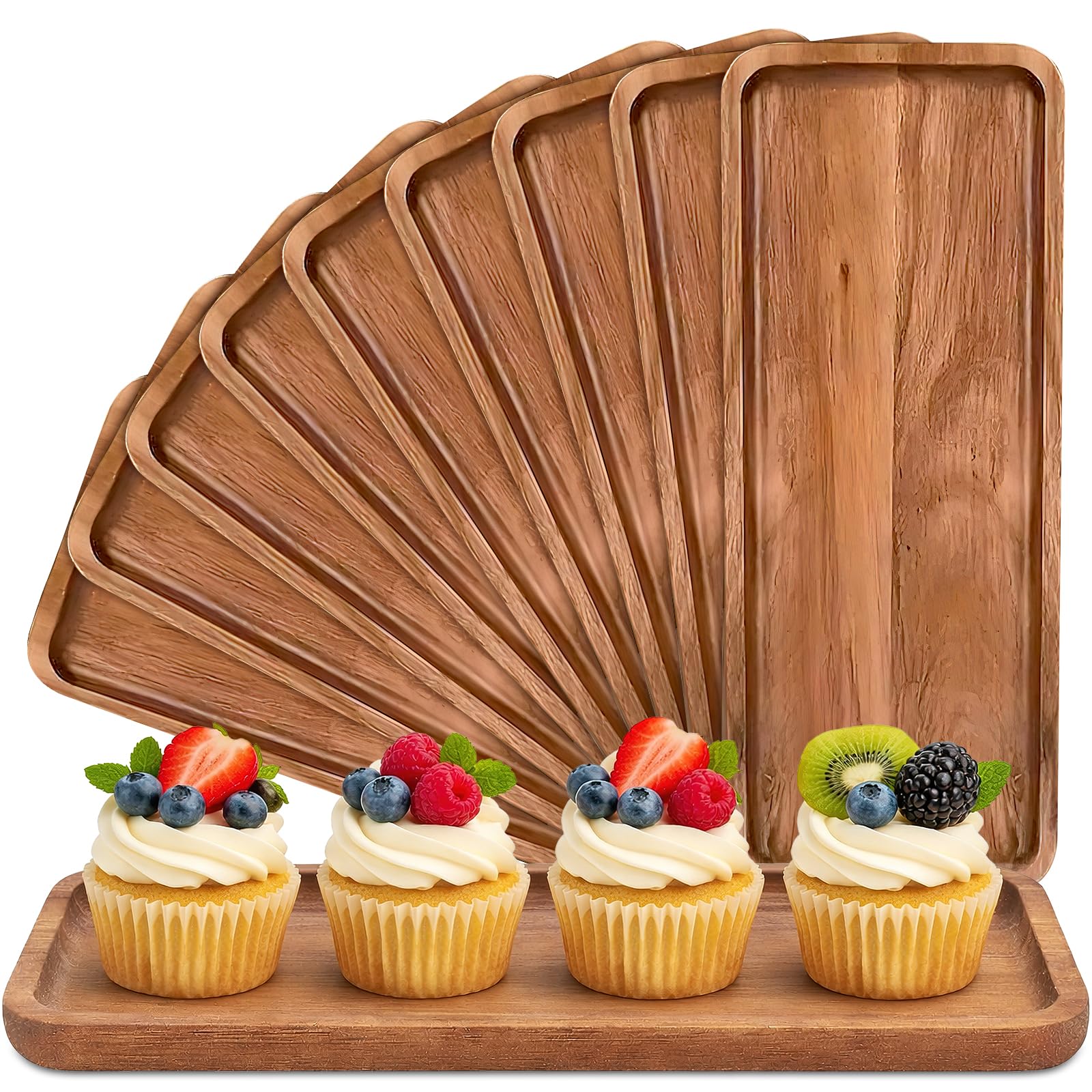 Lot de 10 Plateaux de Service en Bois d’Acacia, Planches Apéritives 28x10cm | Planches à Charcuterie avec Rebords Surélevés pour Apéritif, Tapas, Fromage, Café, Buffet, Mariage et Décoration