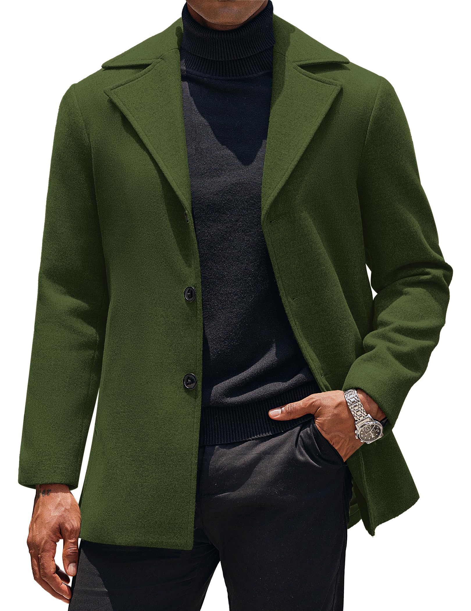 COOFANDY Mens Trench Coat Notched Collar Single Breasted Peacoat Winter Overcoat With Pockets