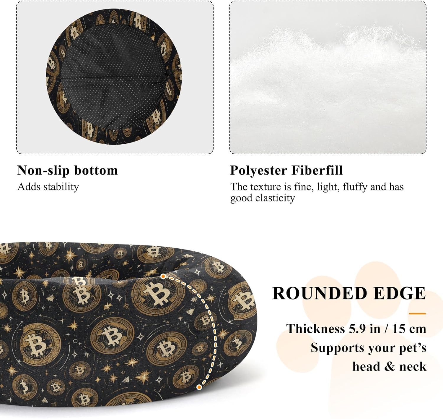 Pet Dog Bed Warm & Cozy Fluffy Cat Pillow Bed for Small Size Pets Sleeping M Bitcoin Golden Celestial Details