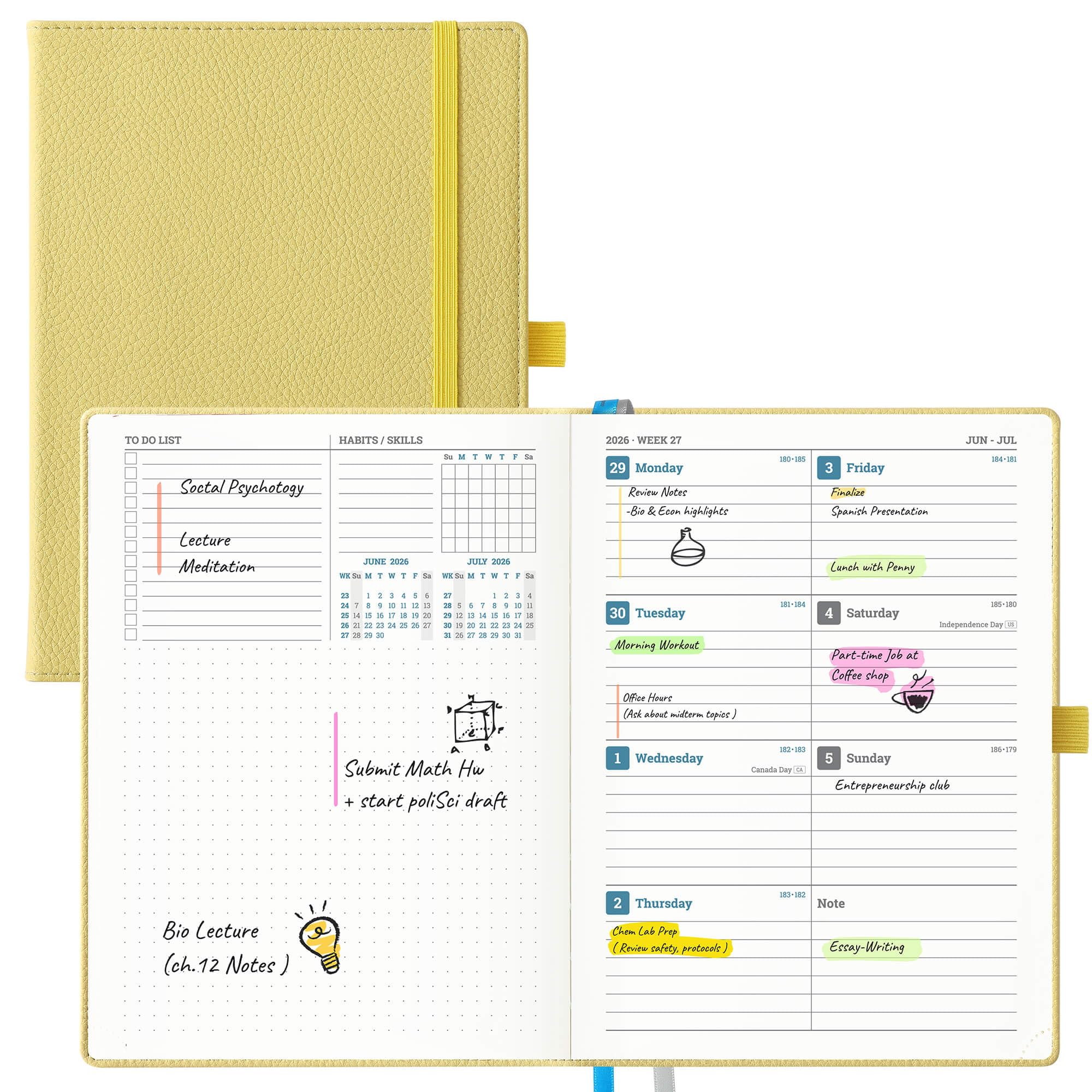 IN-LUXPRO Academic Diary 2026-2027: A5 Week to View (21.8x16.4 cm) 12 Months (Jul'26 - Jun'27) Soft Cover New Layout, Weekly & Monthly Planner with Month Tabs & Inner Pocket, PU Leather Yellow