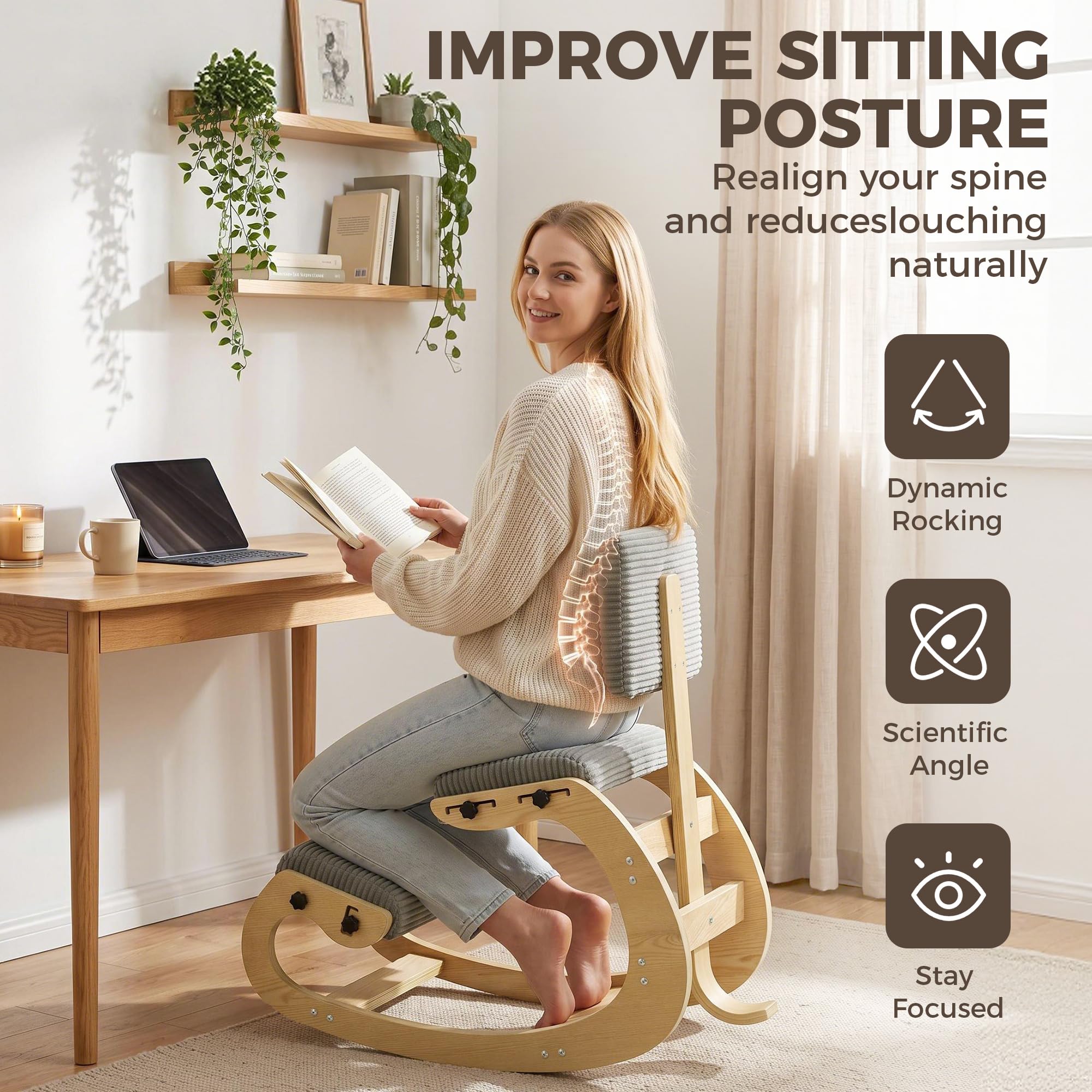 HOMCOM Silla Ergonómica de Rodillas con Respaldo Tapizado en Pana Gris | Silla de Rodillas, Amplio Apoyo, Estructura de Madera, Mejora la Postura
