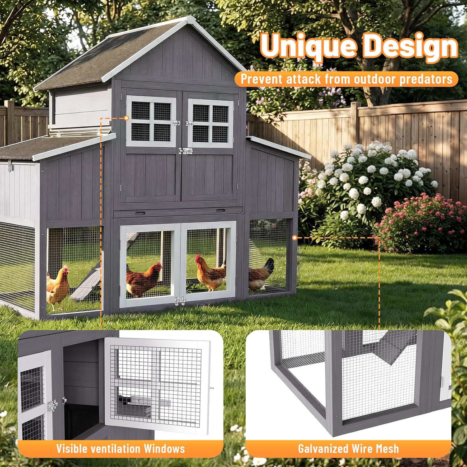 69.5''L Chicken Coop, Extra Large Poultry Cage for 6-10 Chickens, Outdoor Hen House Design with 2 Nesting Box, Weatherproof Roof and Leakproof Pull-on Tray, Easy to Install＆Clean(Gray)