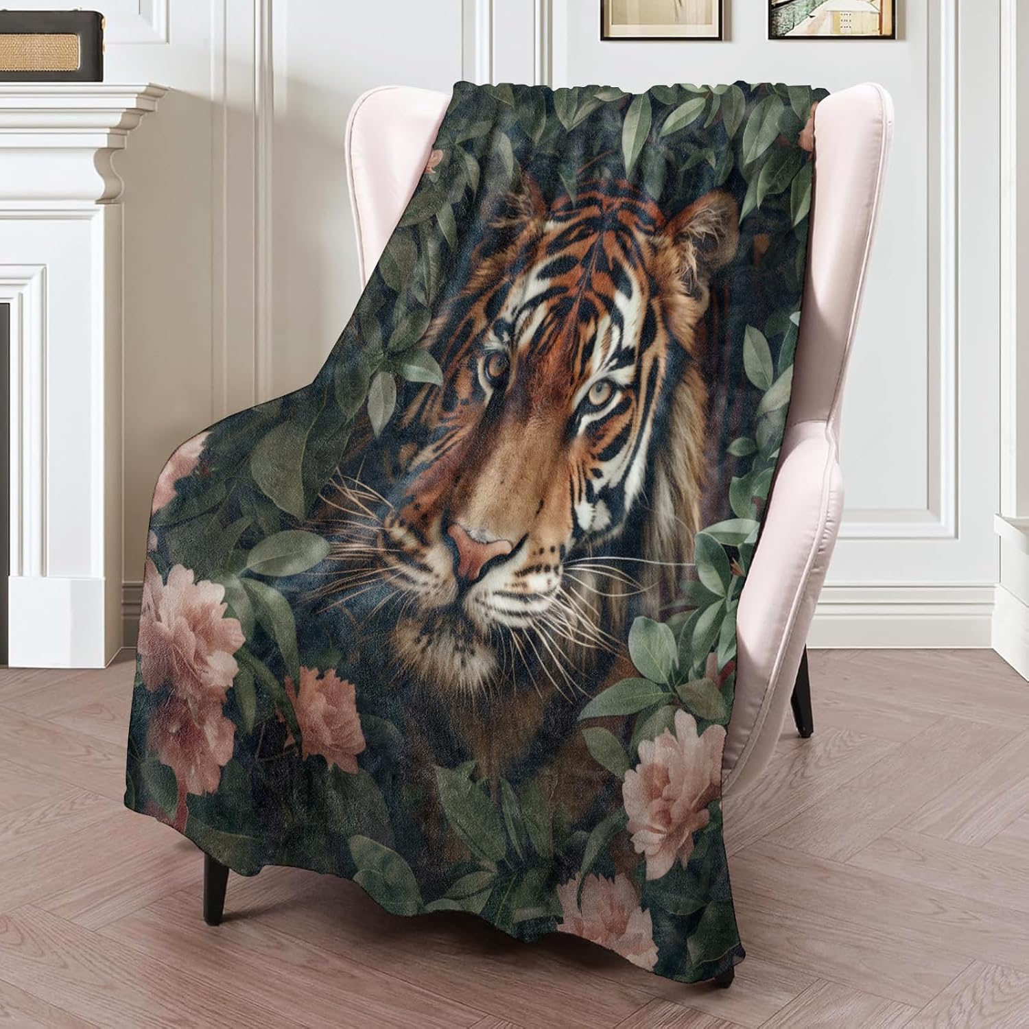 Tiger Floral Flannel Blanket 50x60in,Fierce Jungle Animal Face with Pink Flowers,Soft Lightweight Wild Animal Throw for Men,Women,Nature Lovers,Bedroom Couch Décor Gifts Blankets - Image 2