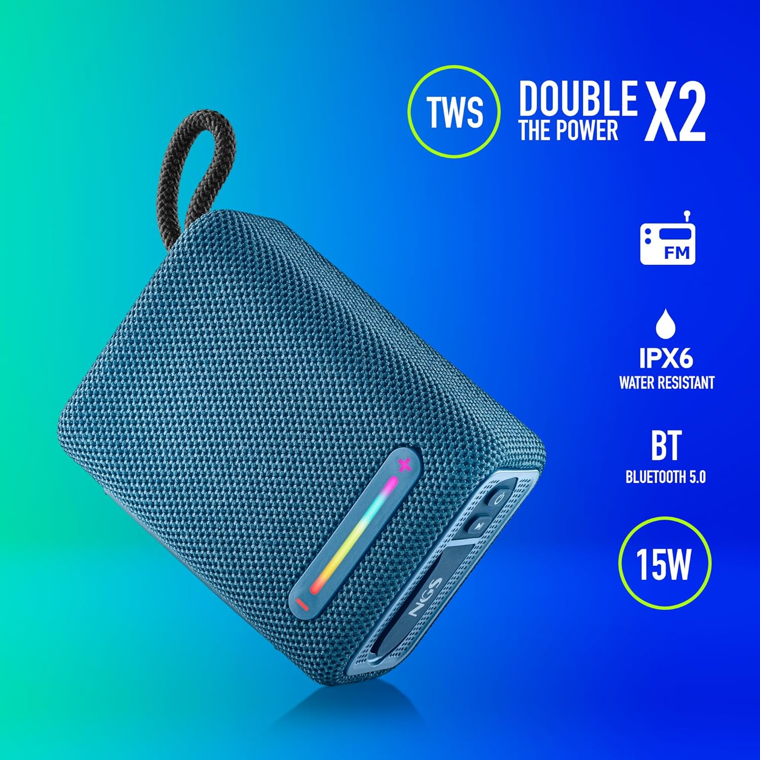 NGS Roller Furia 1 Blue portable speaker highlighting True Wireless Stereo, IPX6 water resistance, Bluetooth 5.0, and 15W power.
