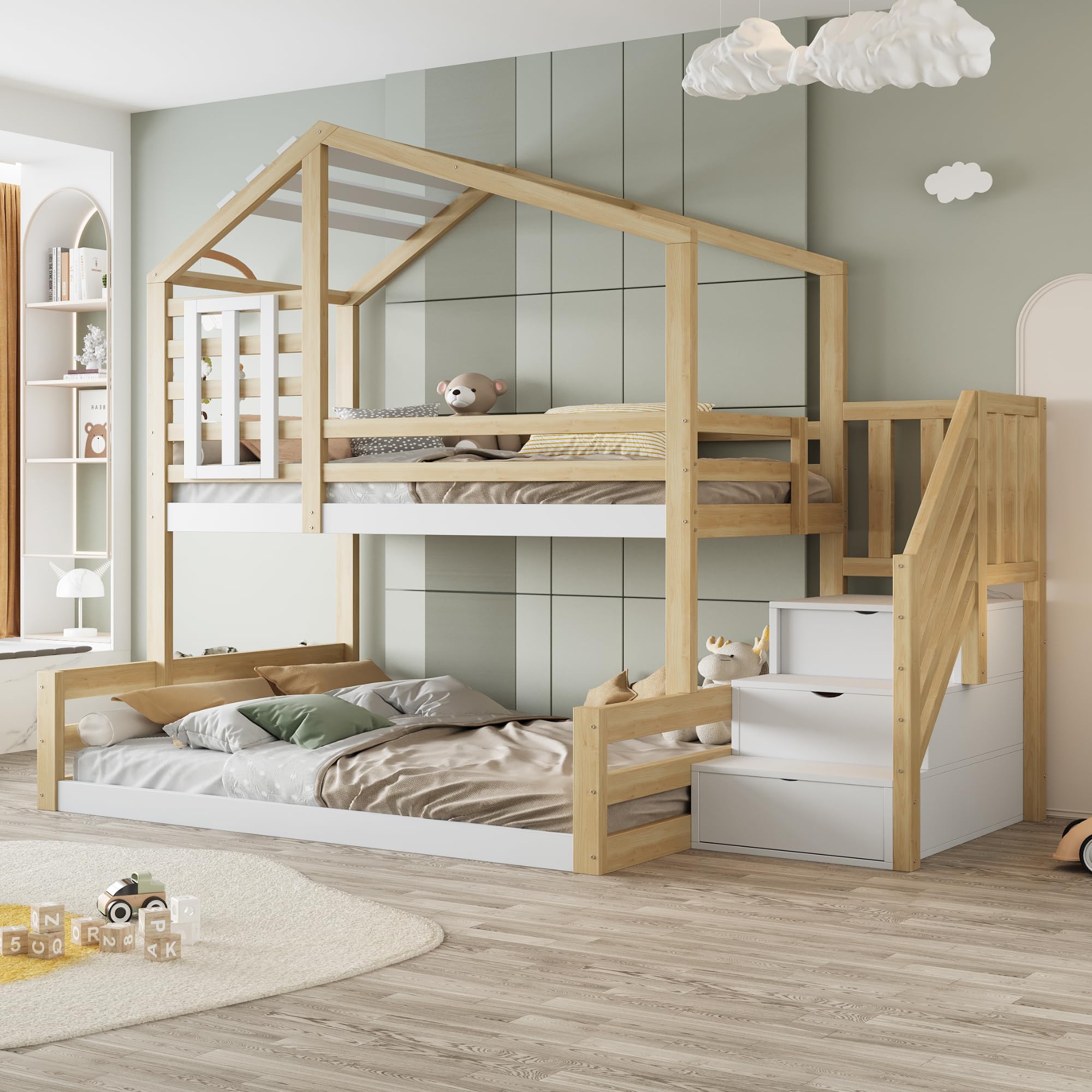 Etagenbett Kinderbett 90x200 & 140x200 cm, Hochbett Hausbett mit Treppe Stauraum und Fenster, Bett Bettgestell mit Lattenrost und Rausfallschutz, Holzbett für Kinder, Ohne Matratze, Natur