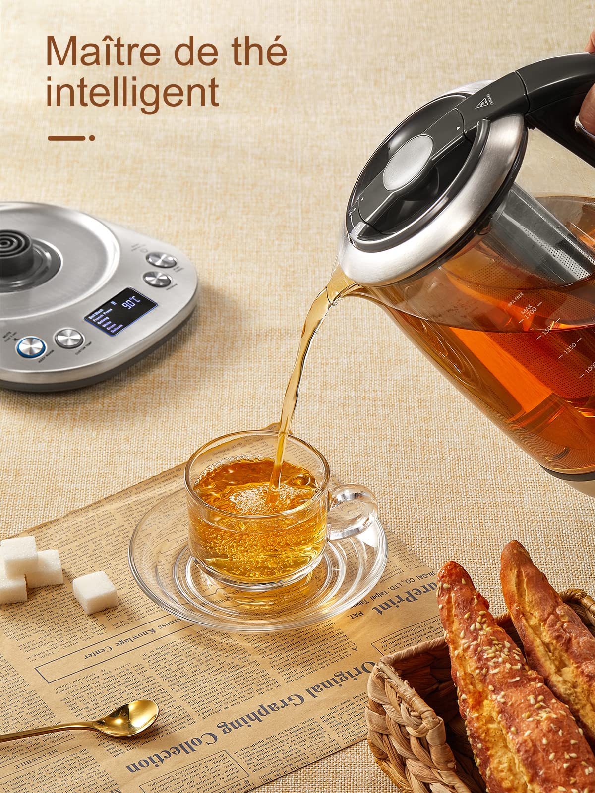 FOHERE Bouilloire électrique en Verre, Théière Electrique Température Réglable 2200w, Fonction de Maintien au Chaud 120 Mins, Infuseur à thé Amovible, 1.7L