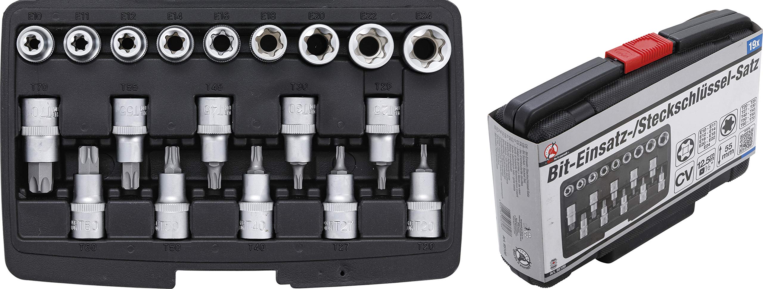 BGS Diy 95100 | Jeu d’embouts/de douilles | 12,5 mm (1/2") | profil en T (pour Torx) / Profil E | 19 pièces