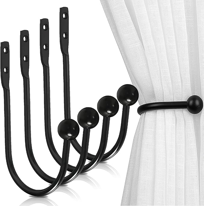 Curtain Tiebacks, 4 Pcs Metal Curtain Hooks, Wall Mounted Curtain Holdbacks for Indoor Outdoor