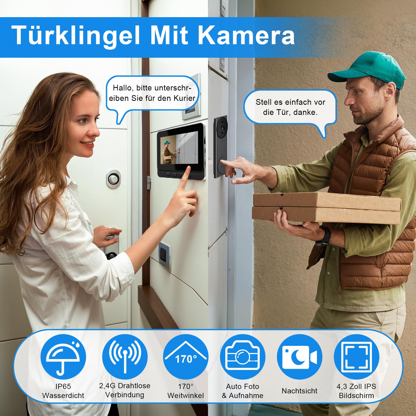Dzwonki do drzwi z kamerą, 1080P IP65 wodoodporna kamera do drzwi, 4,3-calowy ekran IPS, bezprzewodowy dzwonek z kamerą, 170° dzwonek do drzwi z kamerami, bezprzewodowy (brak otwieracza w zestawie)