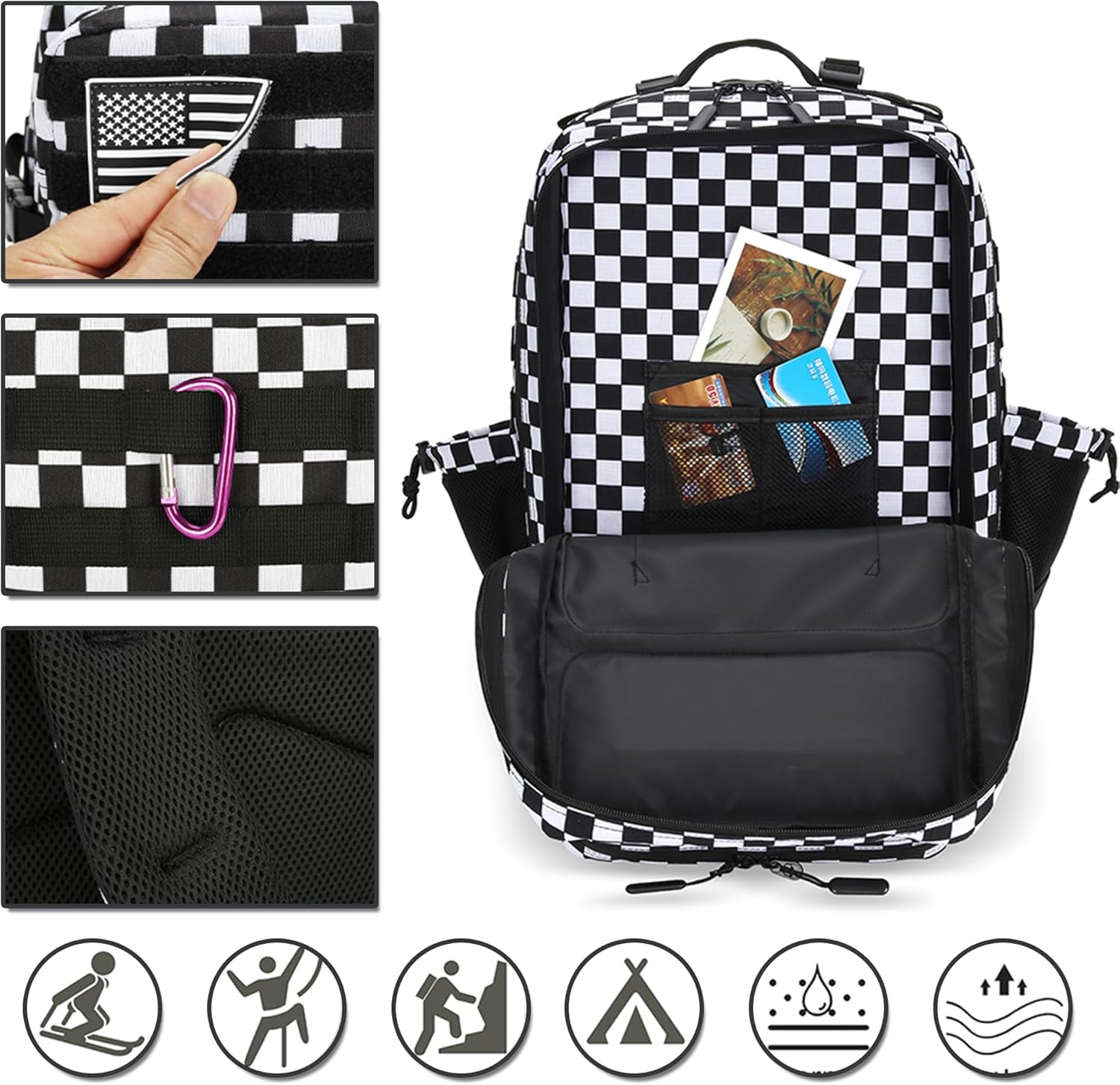 45L Tactical Assault Backpack 3 day assault pack with Molle Waterproof backpack Rucksack for Tactical Backpacks (Black and white check) - Image 3