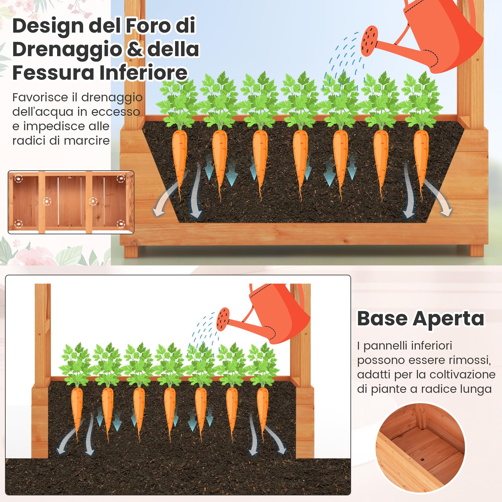 COSTWAY Fioriera Rialzata con Grigliato, Aiuola Rialzata con Traliccio per Piante Rampicanti e Fori di Drenaggio, Orto Elevato da Giardino, Terrazzo e Cortile (Arancione, 110 x 44 x 182 cm)