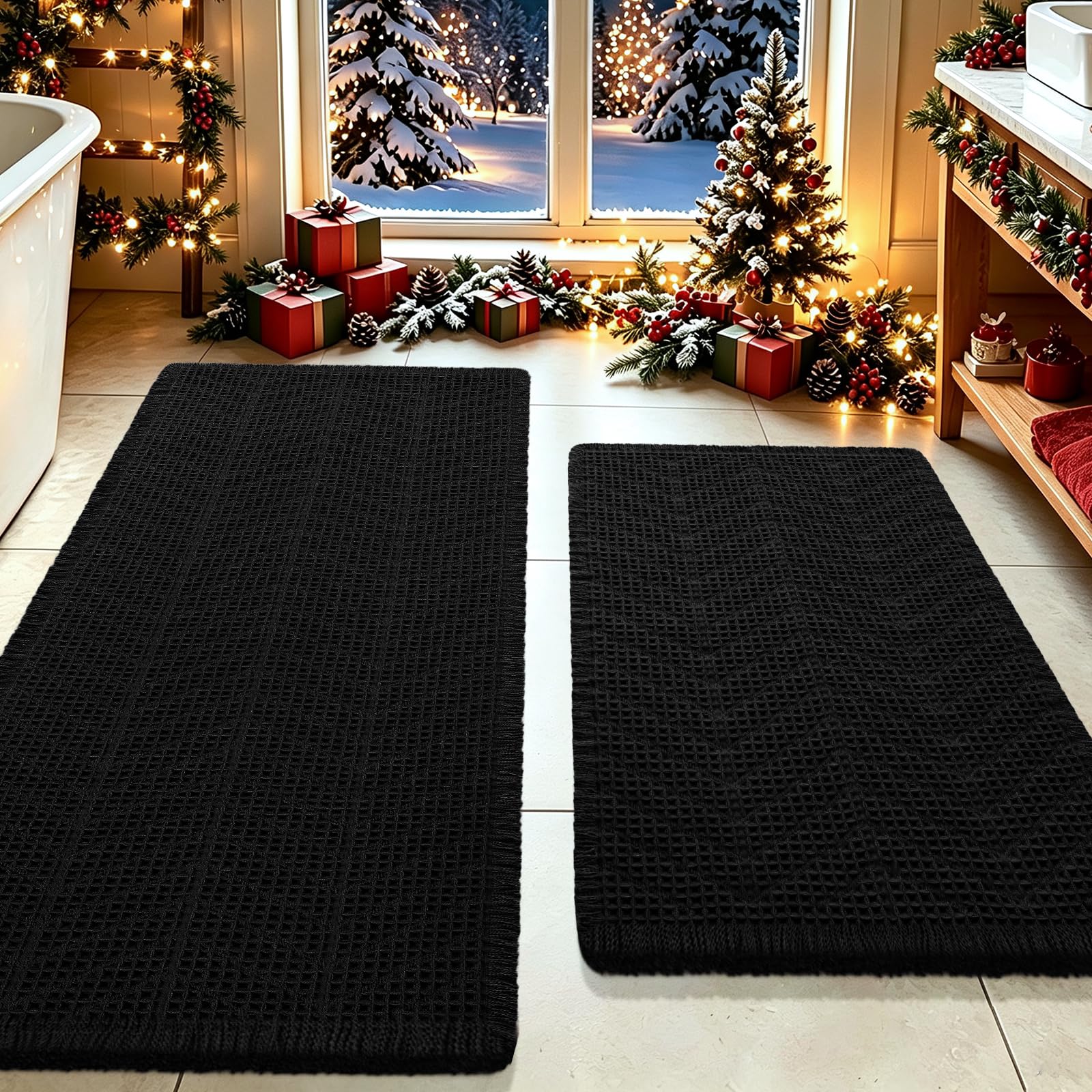 IM HOME Upgrade Waffle Bath Mat Set 2 Piece, Boho Bathroom Rugs Absorbent Non Slip, Ultra Soft Bathroom Mat, Machine Washable Knit Bath Rugs with Herringbones for Bathroom, Bedroom, Kitchen, Black