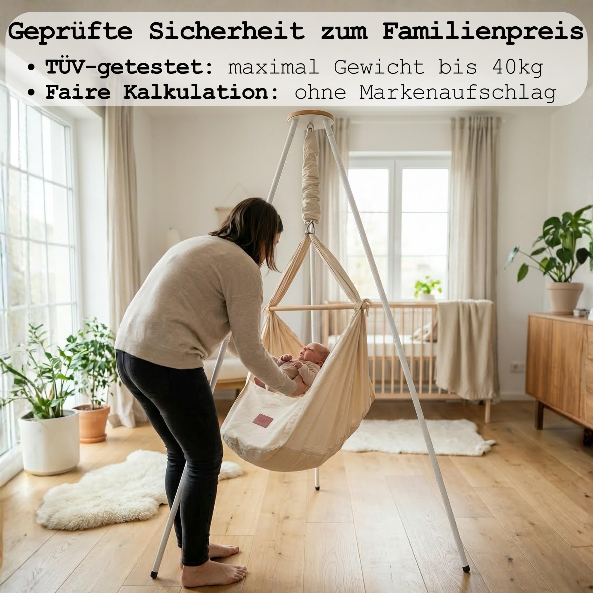 Honigbär Federwiege Set inkl. Standfuß (weiß) – Baby Hängematte TÜV-geprüft bis 40kg – Ergonomisches Nestchen mit Kapok-Matratze – Bio-Baumwolle – Universell motorisierbar - Schlaf wie im Mutterleib