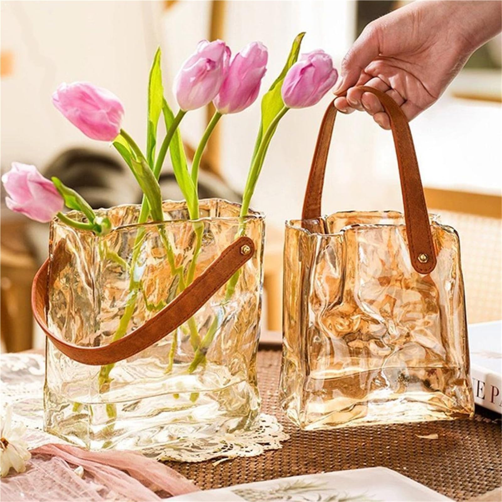 Vase Hydroponique Verre Vase en Verre Forme de Sac à Main, Terrarium, Pot Fleur hydroponique Transparent, Accessoires décoration for la Maison(Amber M)