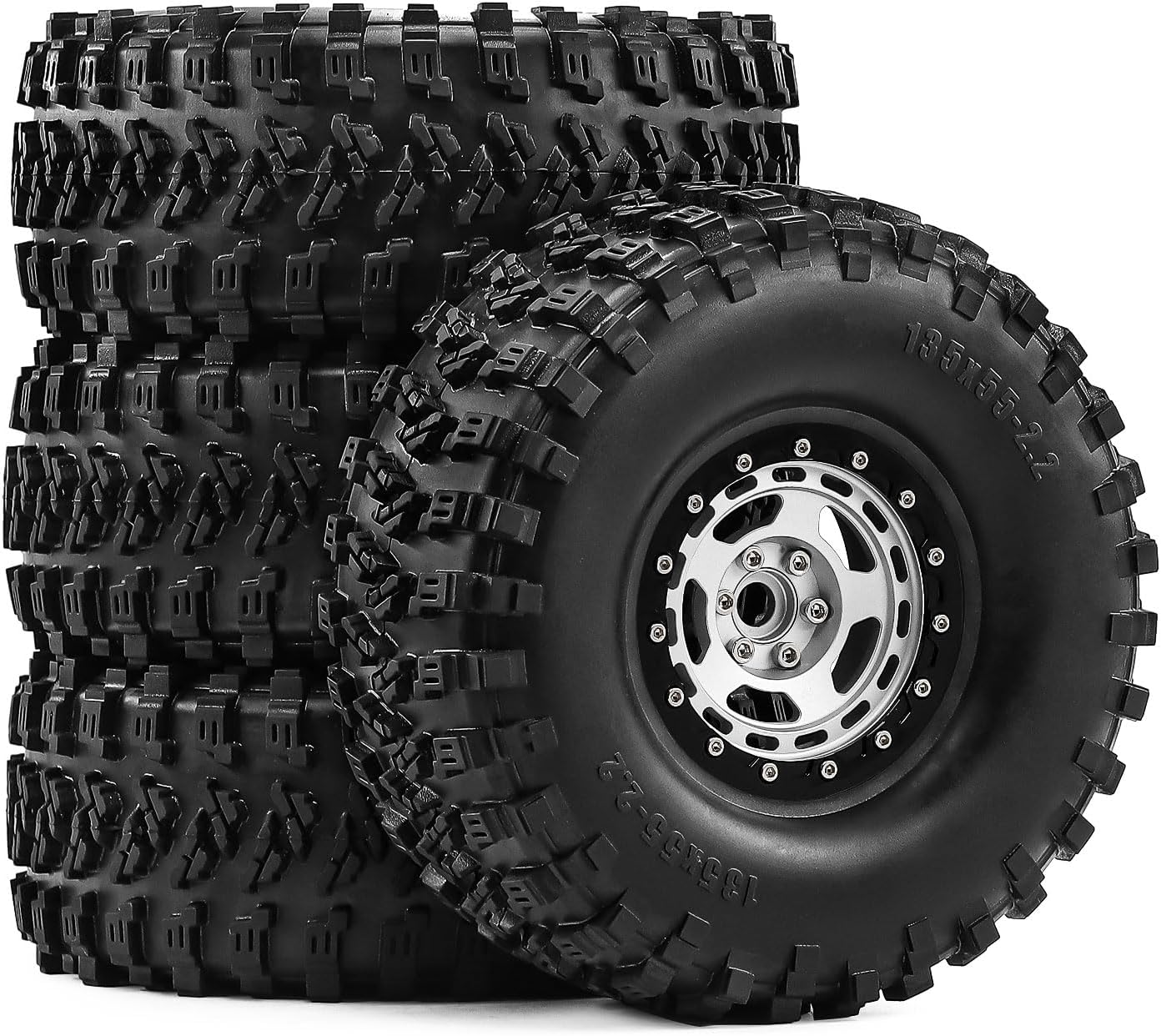 2.2" Beadlock Wheels and Tires 135mm (5.31in) for SCX10 RBX10 Wraith TRX4 1/10 RC Crawler Upgrade Parts (Silver, 4pcs)
