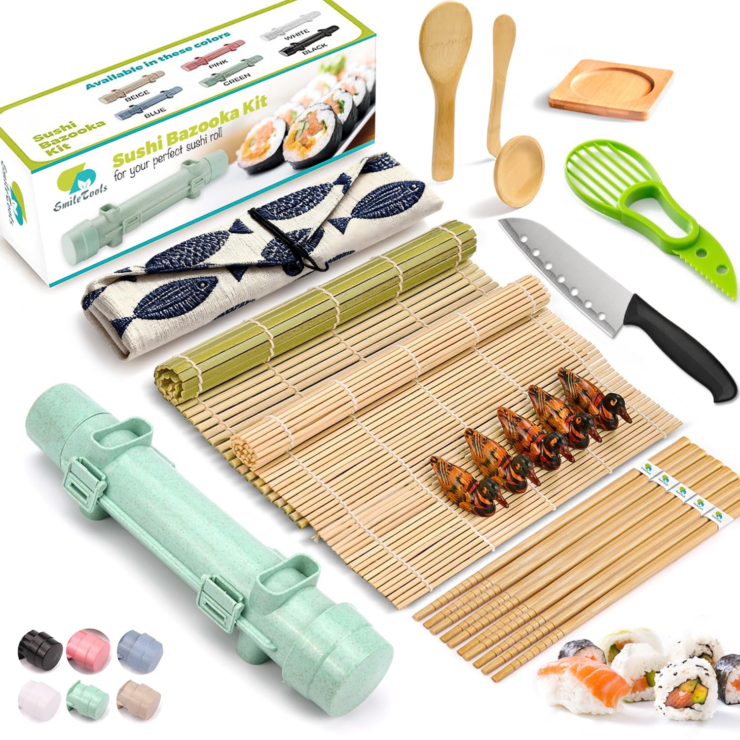 sushi making kit 22 in 1 sushi roller sushi maker kit with bamboo sushi rolling mats bazooka chef39s knife chopsticks sauce dishes rice spreader avocado slicer guide book