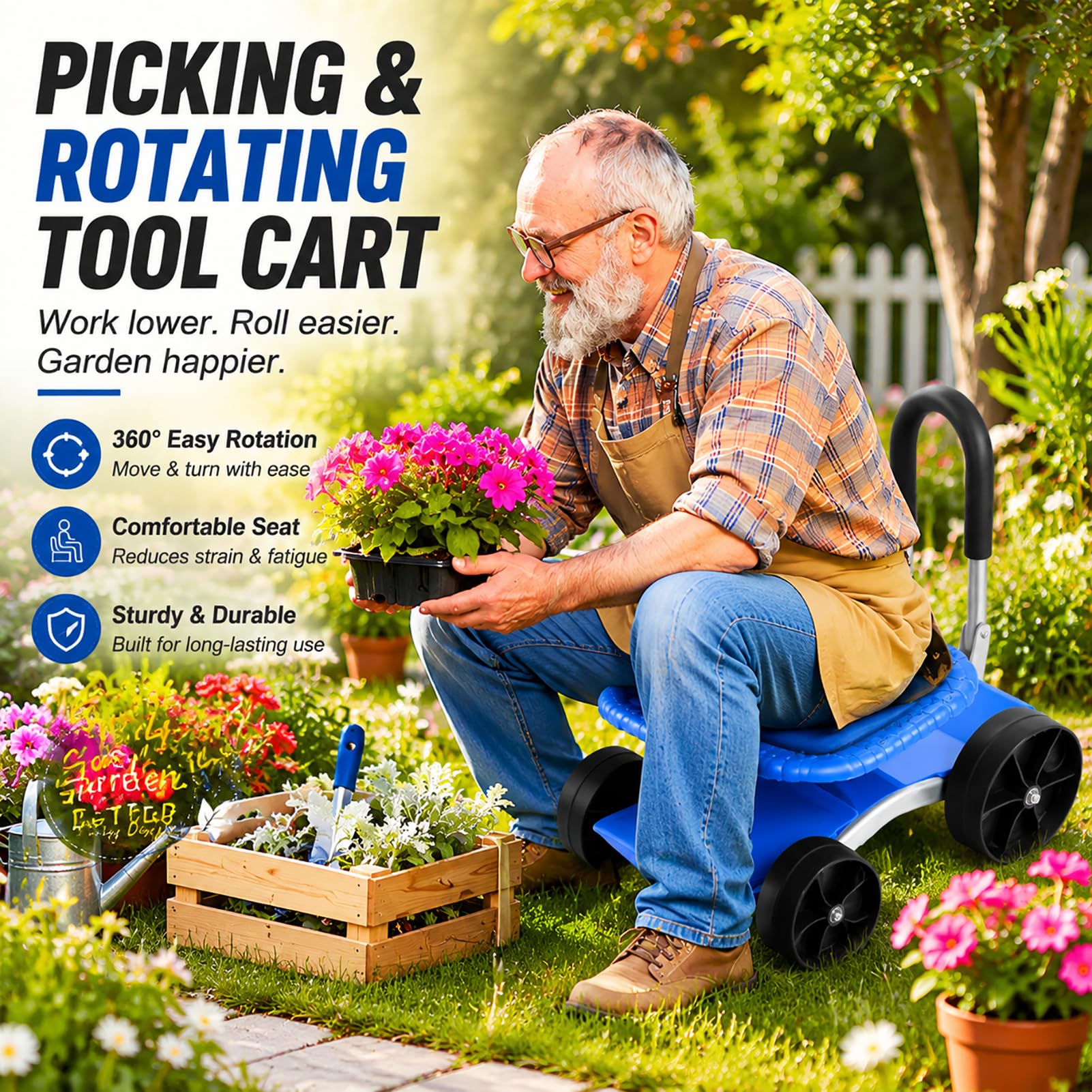 Gartenhocker mit Rollen, 360° Drehbarer Gartensitz Höhenverstellbar, Rollsitz aus Verzinktem Stahl mit Stauraum bis 150kg, Mobiler Gartenhocker für Gartenarbeit (Blau 2)