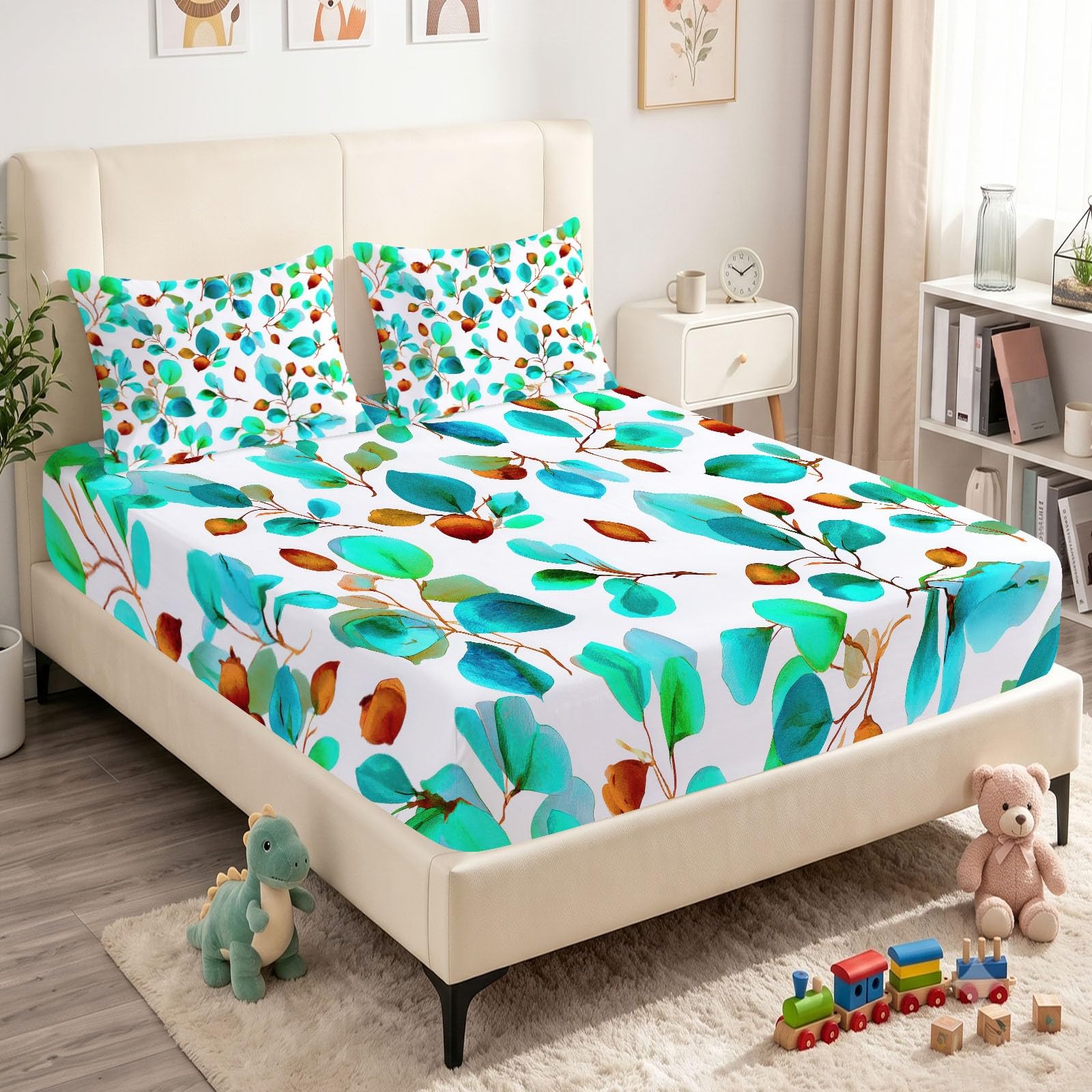 Juego de 3 sábanas bajeras ajustables de 140 x 200 cm para cuna, plantas de acuarela, sábana bajera de microfibra transpirable, sábana bajera con hojas verdes y 2 fundas de almohada con cremallera