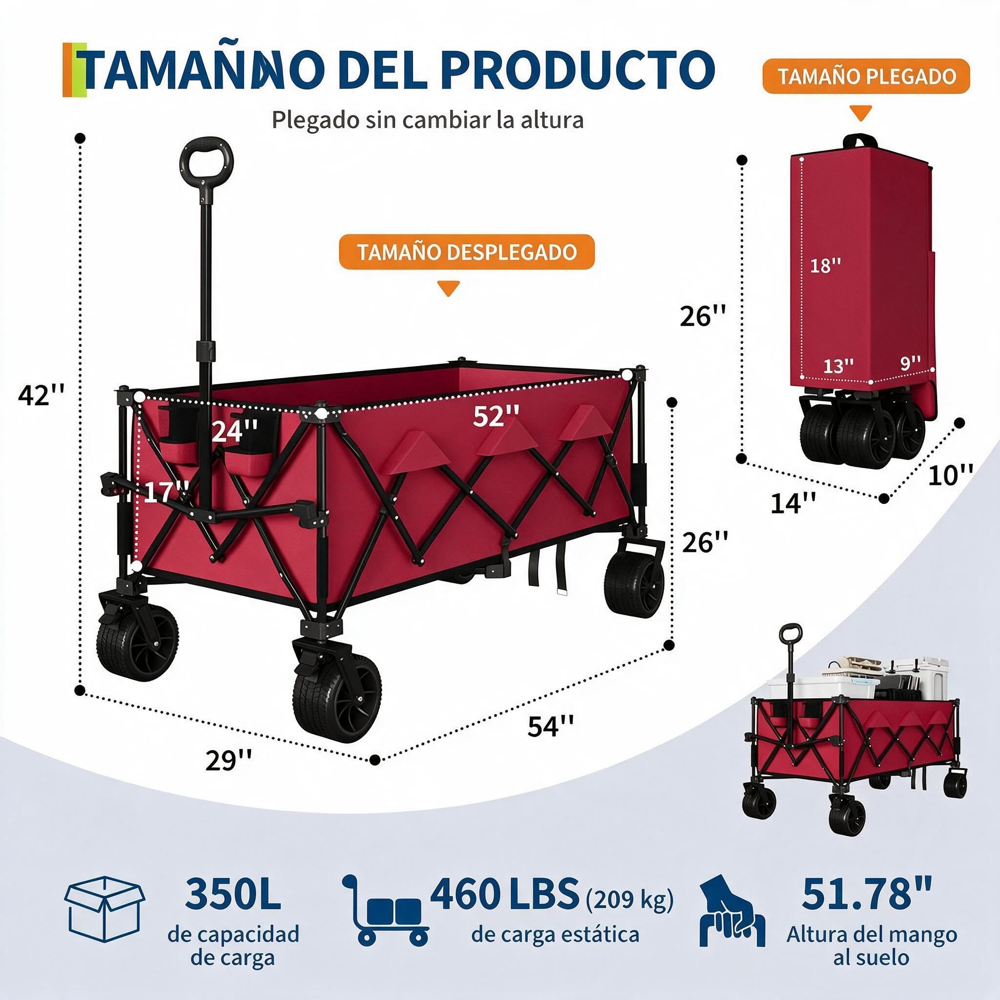 Carro de Playa Plegable 350L 208kg,Carrito Todoterreno Ruedas Grandes,Rojo