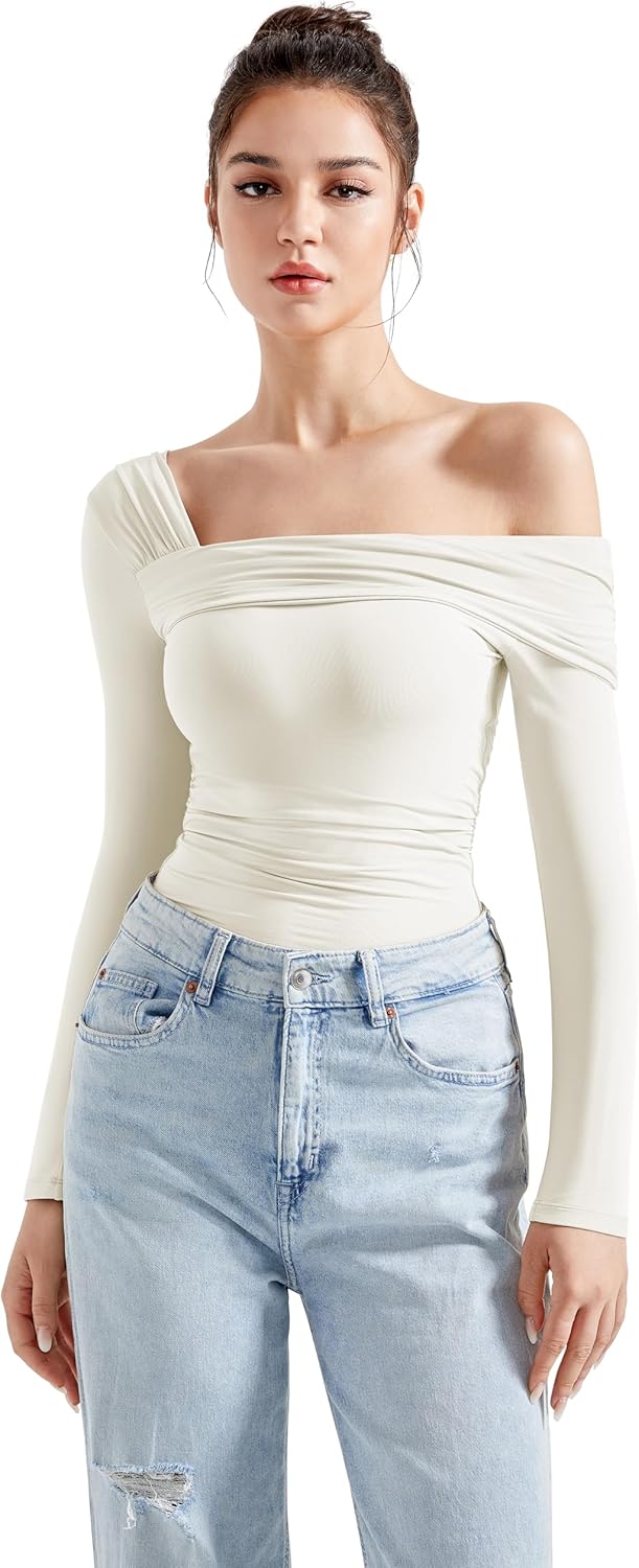 SUUKSESS Women One Off The Shoulder Trendy Casual Tops Ruched Long Sleeve Shirts - Image 4