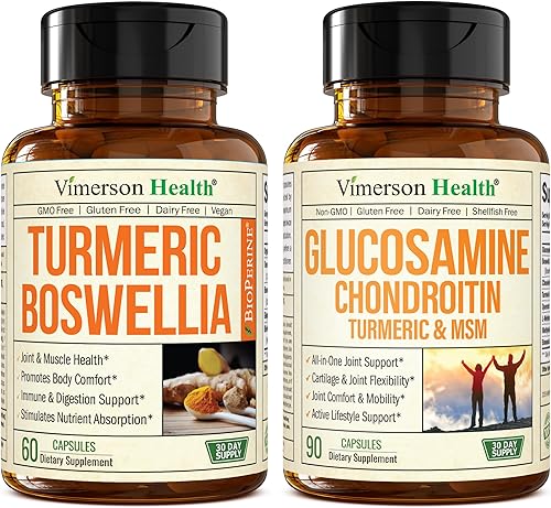 Vimerson Health Glucosamina condroitina MSM + cúrcuma Boswellia Ginger Bundle. Alivio ocasional de molestias en las articulaciones, inflamación