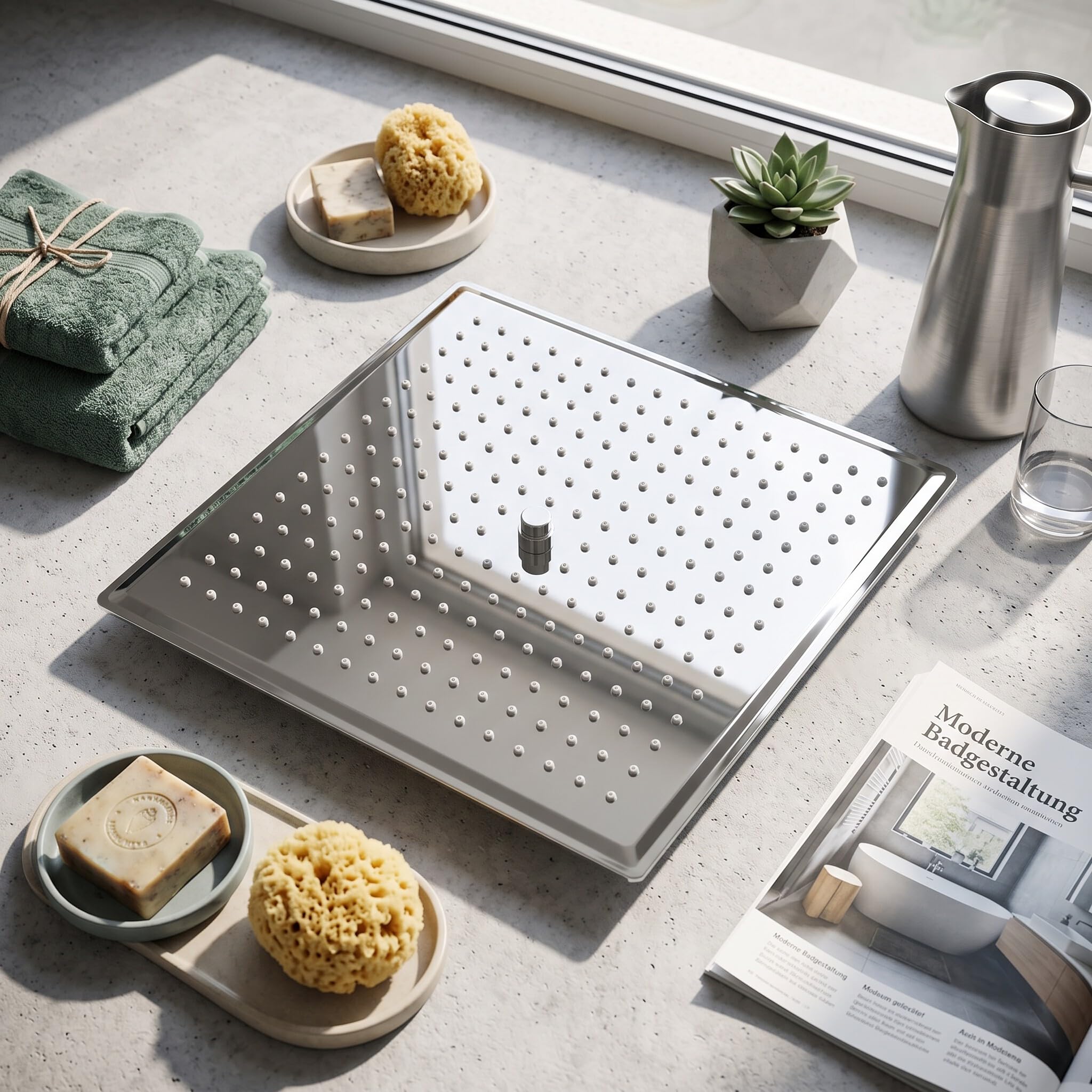 50 x 50 cm Soffione Doccia a Pioggia in Acciaio Inossidabile, Soffione Rettangolo Ultrasottile da 16 Pollici, Soffione doccia a Incasso Tondo ad Alta Pressione e Risparmio Idrico per Bagno, Argento