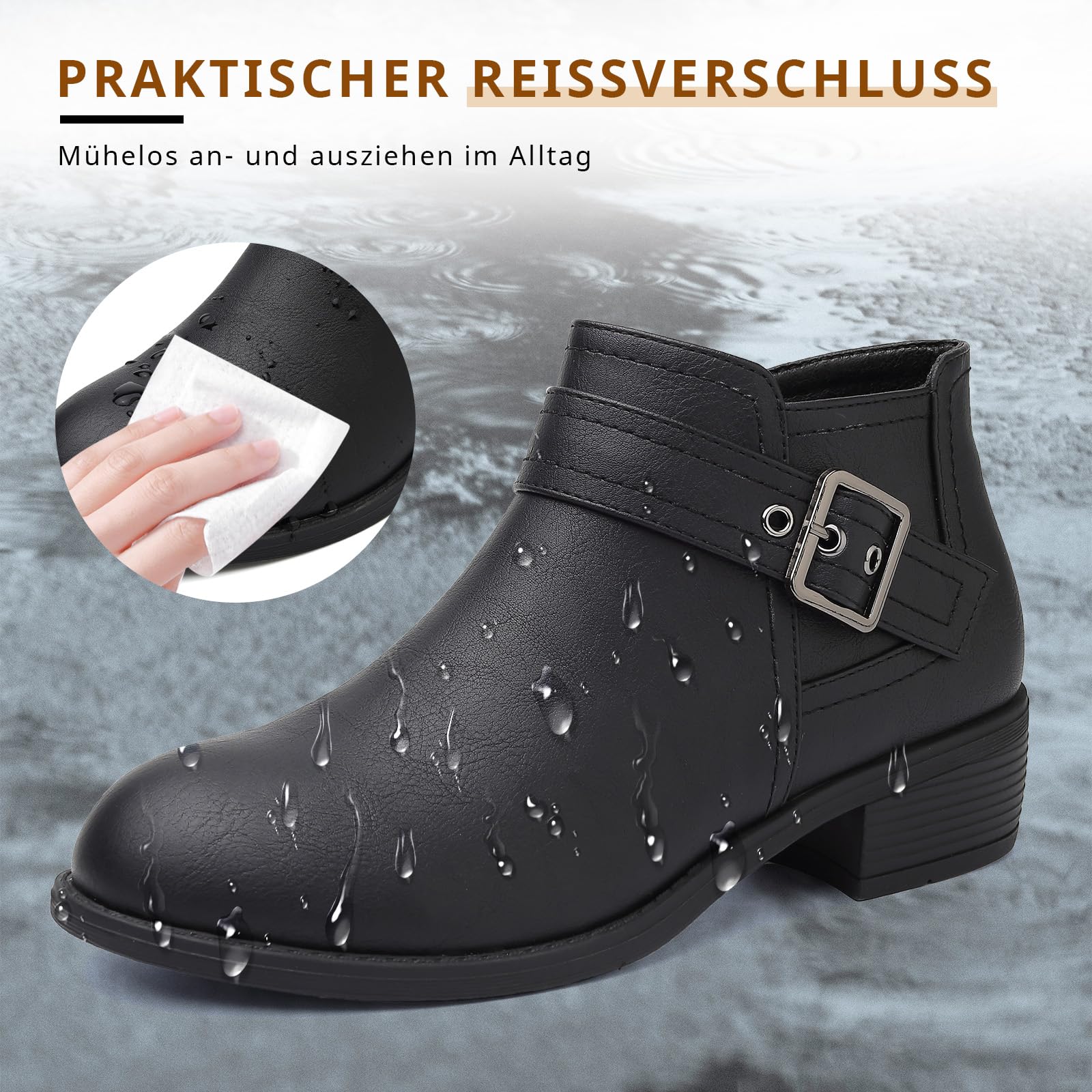 ziitop Stiefeletten Damen Schwarz mit Reißverschluss Elegante Boots Stiefel Damen Spitz Zulaufend Schnalle Western Chelsea Ankle Boots Herbst Winter Schuhe Ungefüttert Vielseitig Kurzstiefel