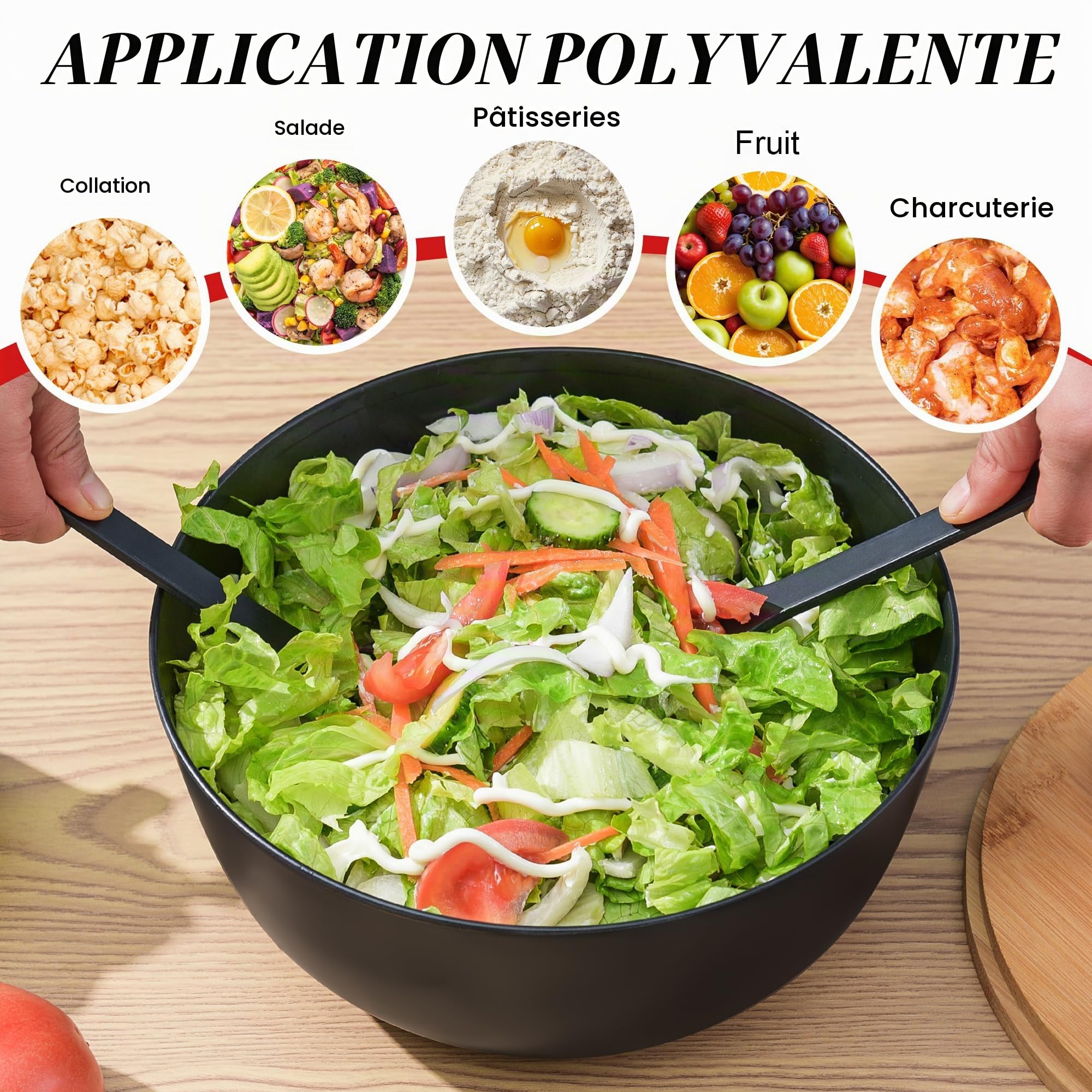 GEHE Saladier en Fibre de Bambou Avec Couverts - Grand Bol Mélangeur de 24,9 cm Avec Couvercle pour Fruits, Salades et Décoration (Noir)