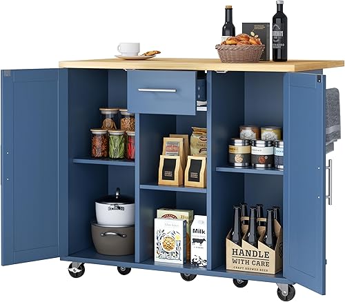 Miniatura 12 de JY QAQA Isla de cocina de 42 pulgadas con ruedas con armario de almacenamiento, armario de cocina con estantes, asa de carrito para toallero o