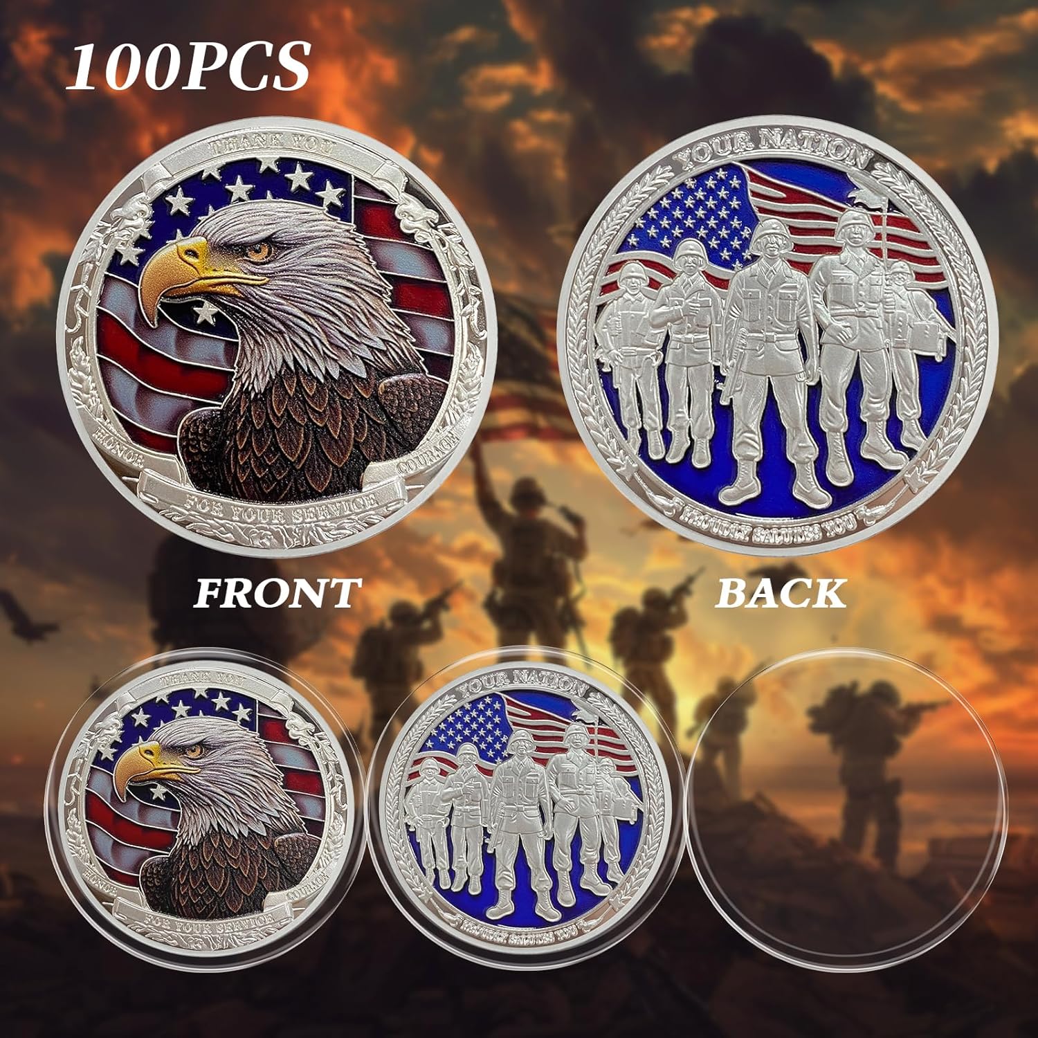 CHURYUML 100Pcs Military Challenge Coins Bulk Veterans Day Gifts Thank You for Your Service Military Appreciation Gifts for Men Women Navy Army Veterans Honor Coin