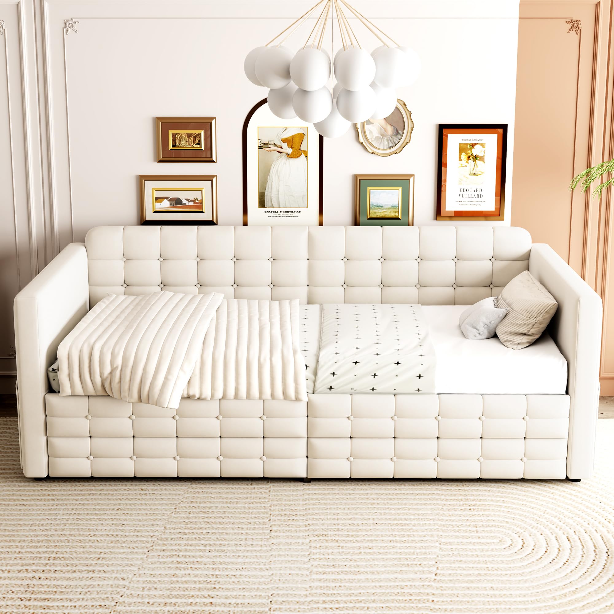 Estructura de Sofa Cama Individual 90x190cm Cama Tapizada con 2 Cajones Mueble Dormitorio Base de Cama Somier Madera Bolsillos Laterales Habitacion Invitados Terciopelo Beige