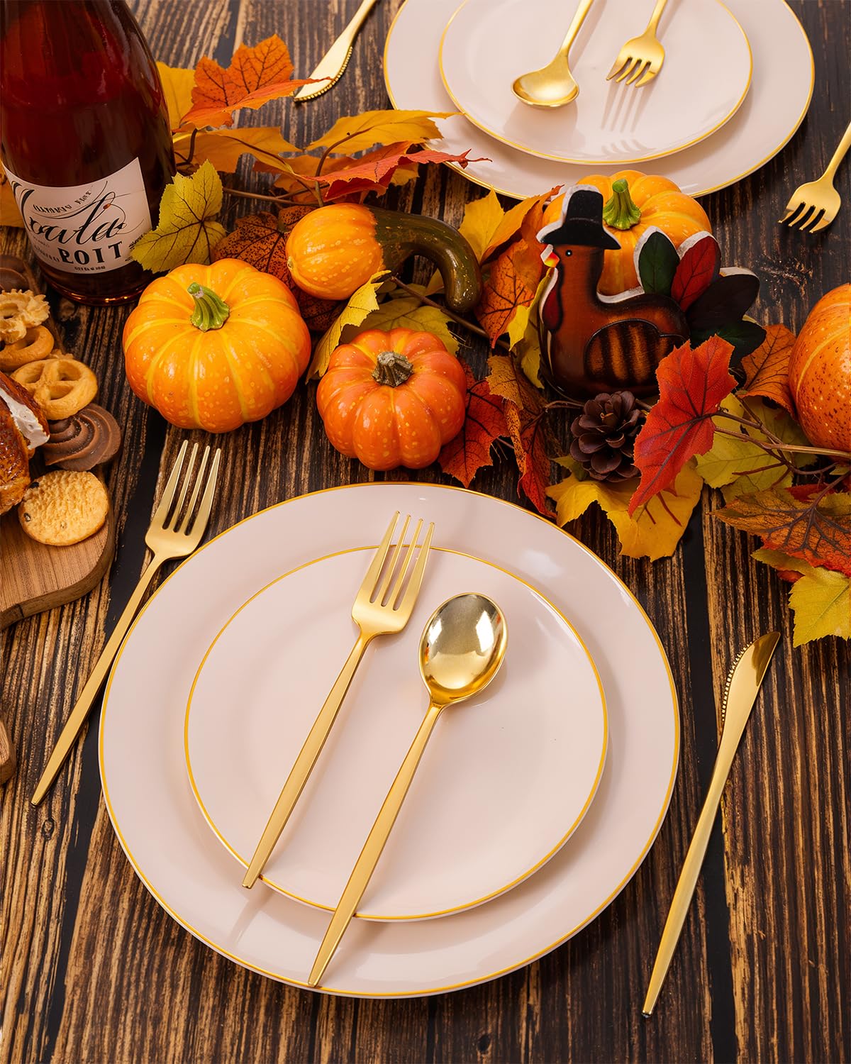 PULOTE 150PCS Thanksgiving Gold Plastic Silverware Disposable - Heavy Duty Gold Plastic Cutlery - Gold Plastic Utensils Set Include 50 Knives,50 Forks,50 Spoons for Party&Wedding