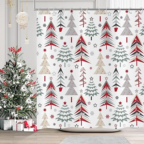 GCIREC Cortina de ducha con diseño de árbol de Navidad con estrellas rojas, copos de nieve, copo de nieve, Año Nuevo, cortina de baño de invierno,