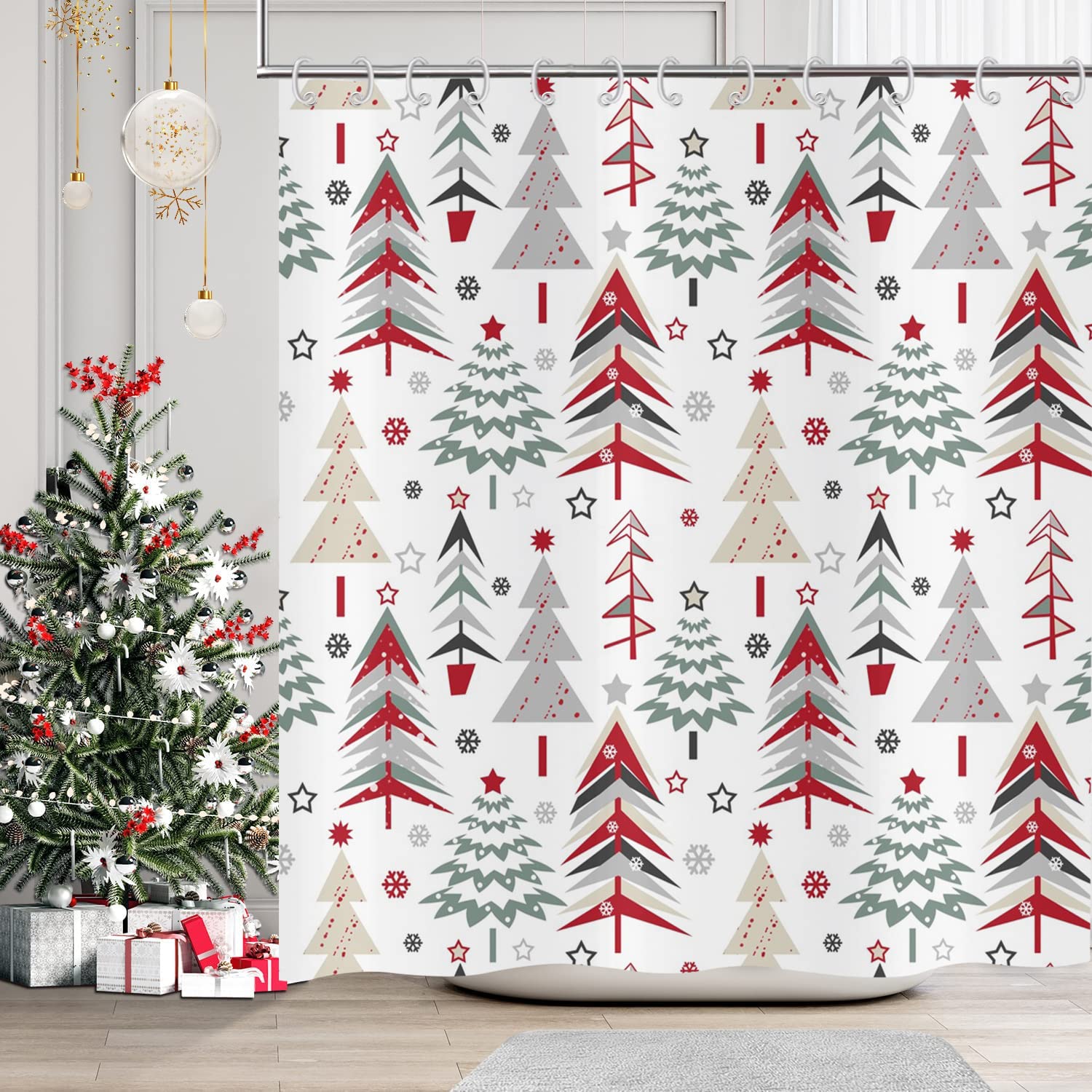 GCIREC Merry Christmas Shower Curtain, Christmas Tree Red Stars Snow Snowflake New Year Winter Bathroom Curtain Waterproof Fabric Washable 12 Hooks