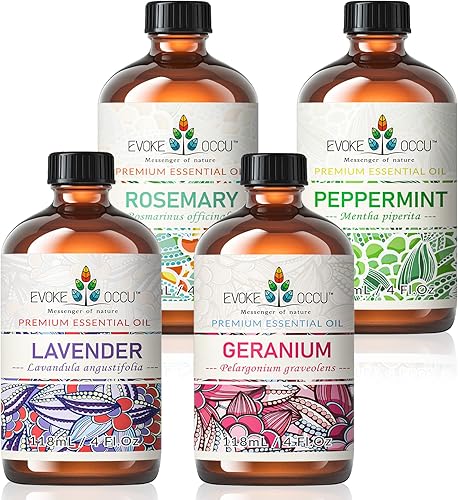 Aceite esencial de romero, aceite esencial de menta, aceite esencial de lavanda, aceite esencial de geranio, 4 onzas, aceite de romero puro para el