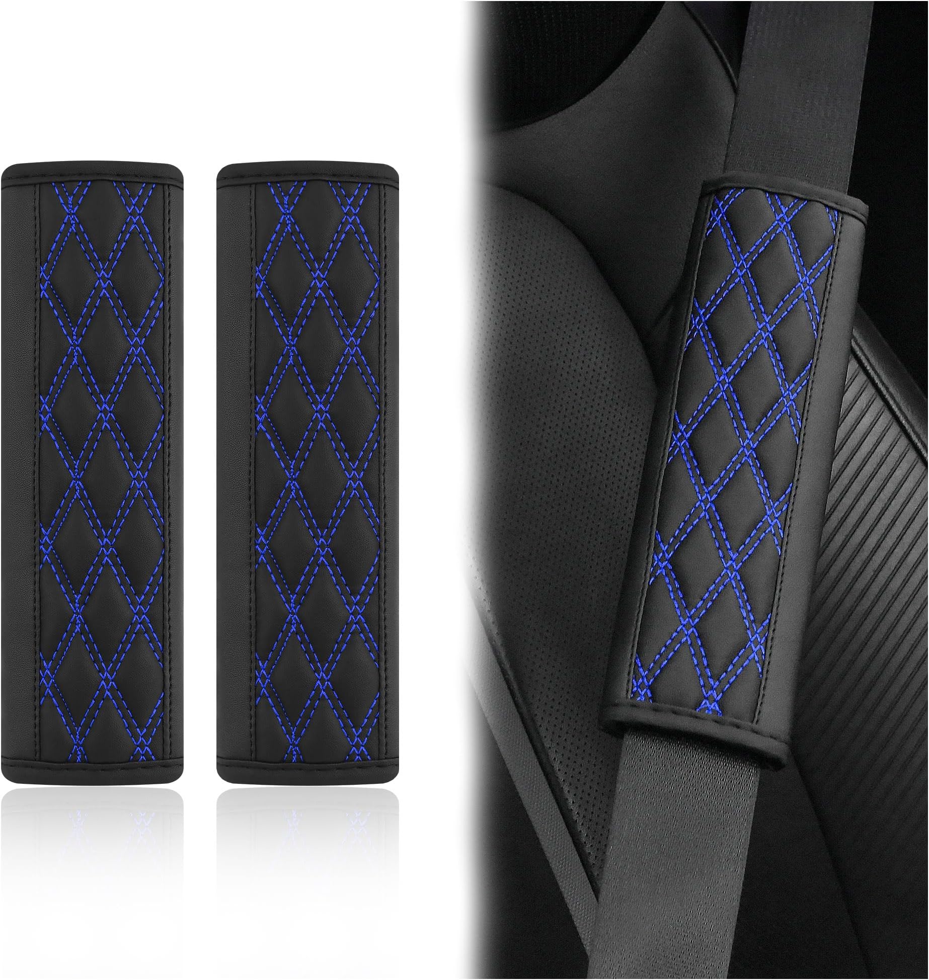2PCS Car Seat Belt Cover Pads,Leather Seatbelt Covers Protect Shoulder and Neck Car Accessories Interior,Universal Car Seat Strap Pads Car Decorations for Most Cars Trucks (Black/Blue)