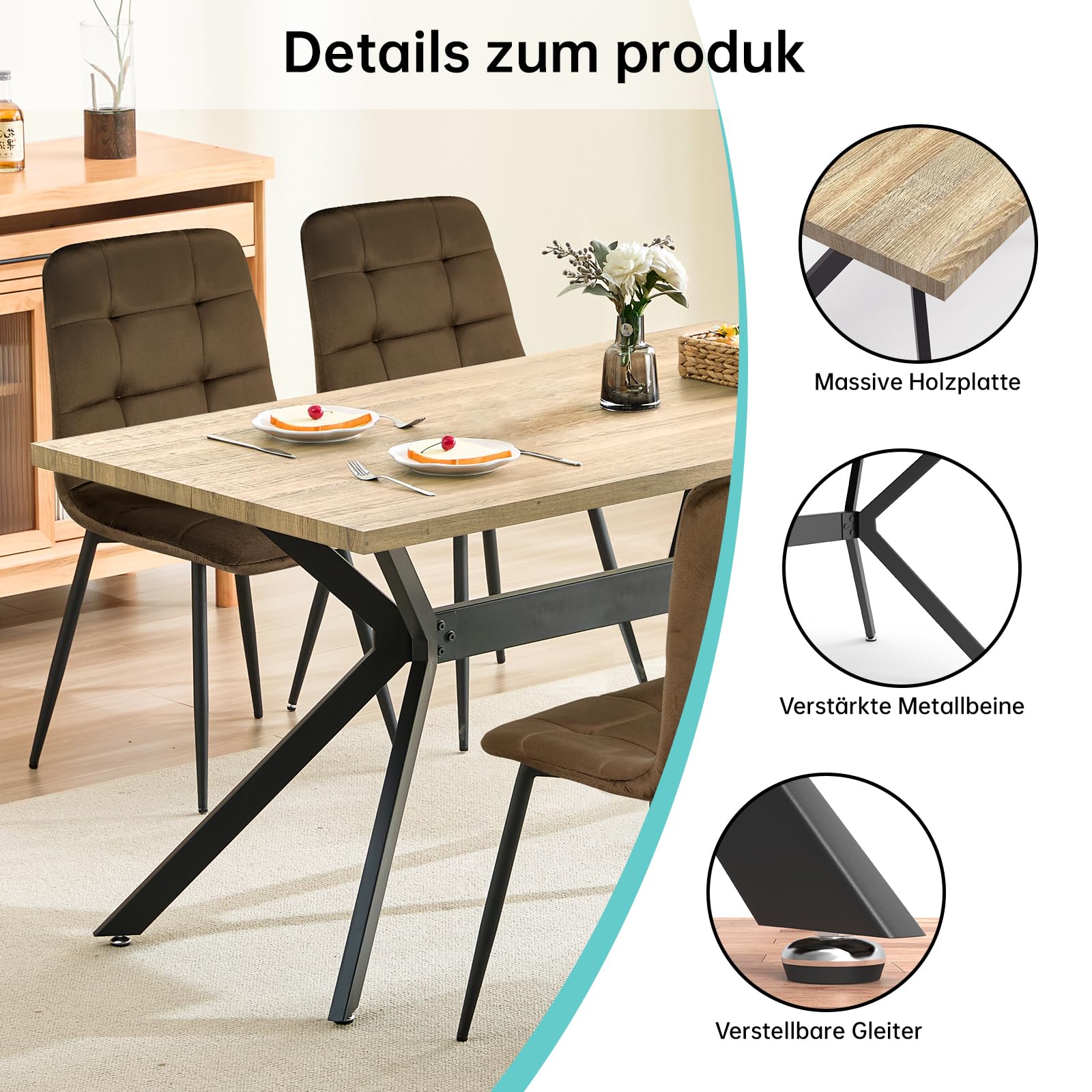 LEWE Essgruppe esstisch mit 4 stühlen Set, Rechteckig Küchentisch aus Holz(140x80x76cm) und 4er Set Braun Velours gepolsterte Esszimmerstühle Sitzgruppe für Wohnzimmer Küche Büro
