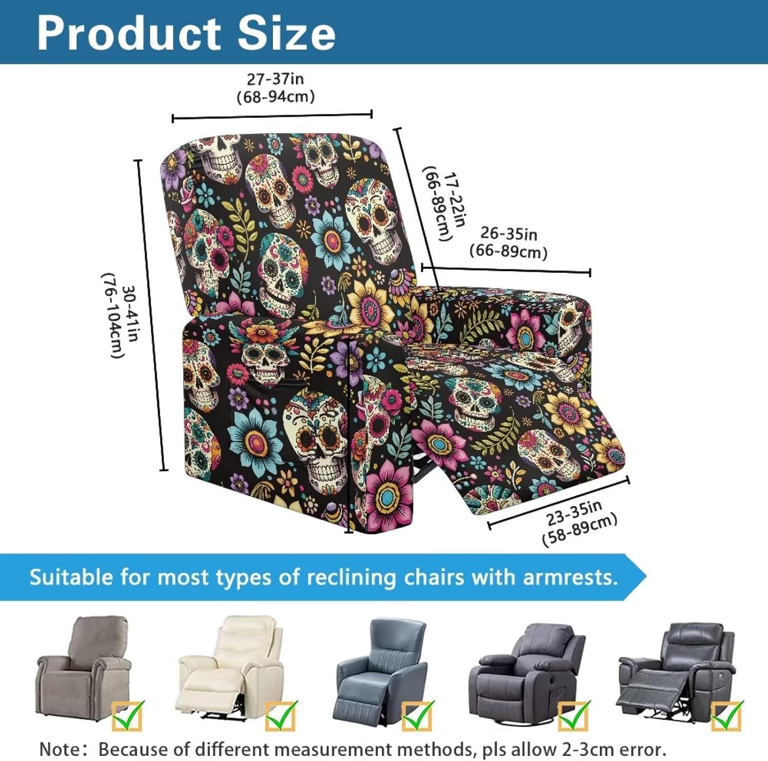 Skull Print Slipcovers for Recliners 4pc Elastic Recliner Chair Covers Sofa Couch Cover Washable Furniture Protector for Pet Kids Easy to Clean