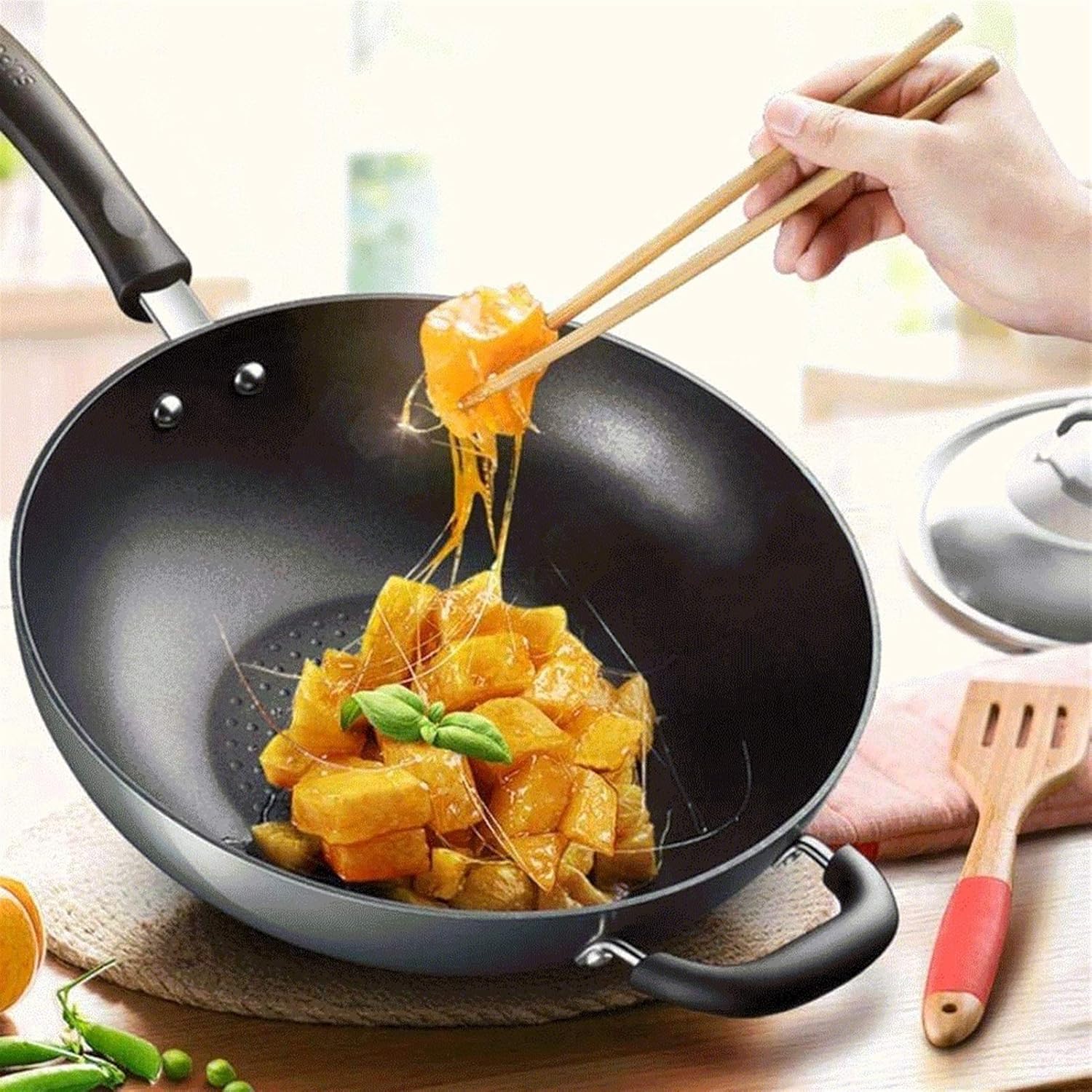 Woks and Stir Fry Pans with Lid, Nonstick Wok Pan with Lid, Wok with Lid, Nonstick Frying Wok Flat Bottom, Induction Compatible
