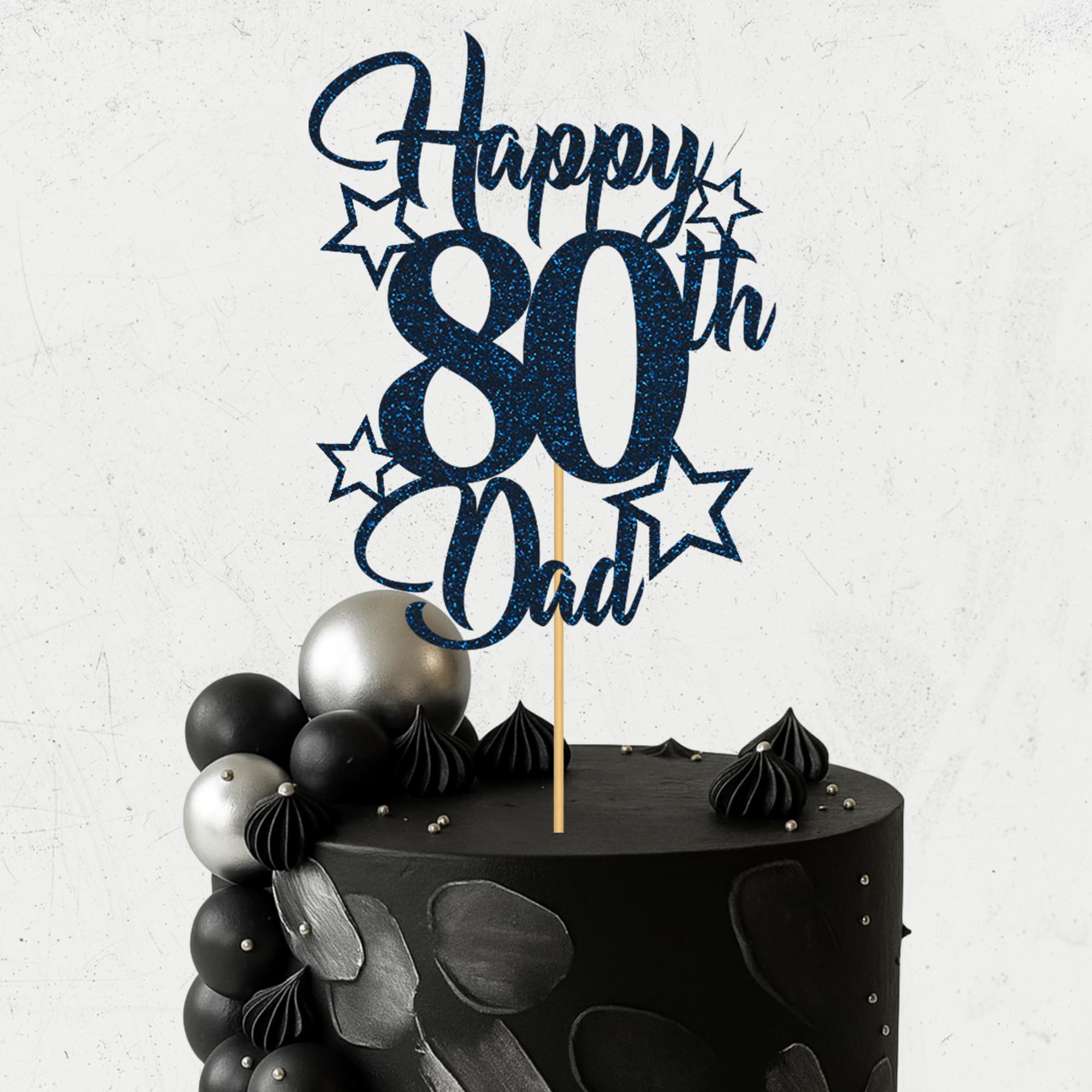 Glitter Birthday Cake Topper for Dad with stars, Birthday Cake Topper, Party Decorations, Party Supplies, 40, 50, 60, 70,80, 90 Many colours (80th, Navy blue (20cm))
